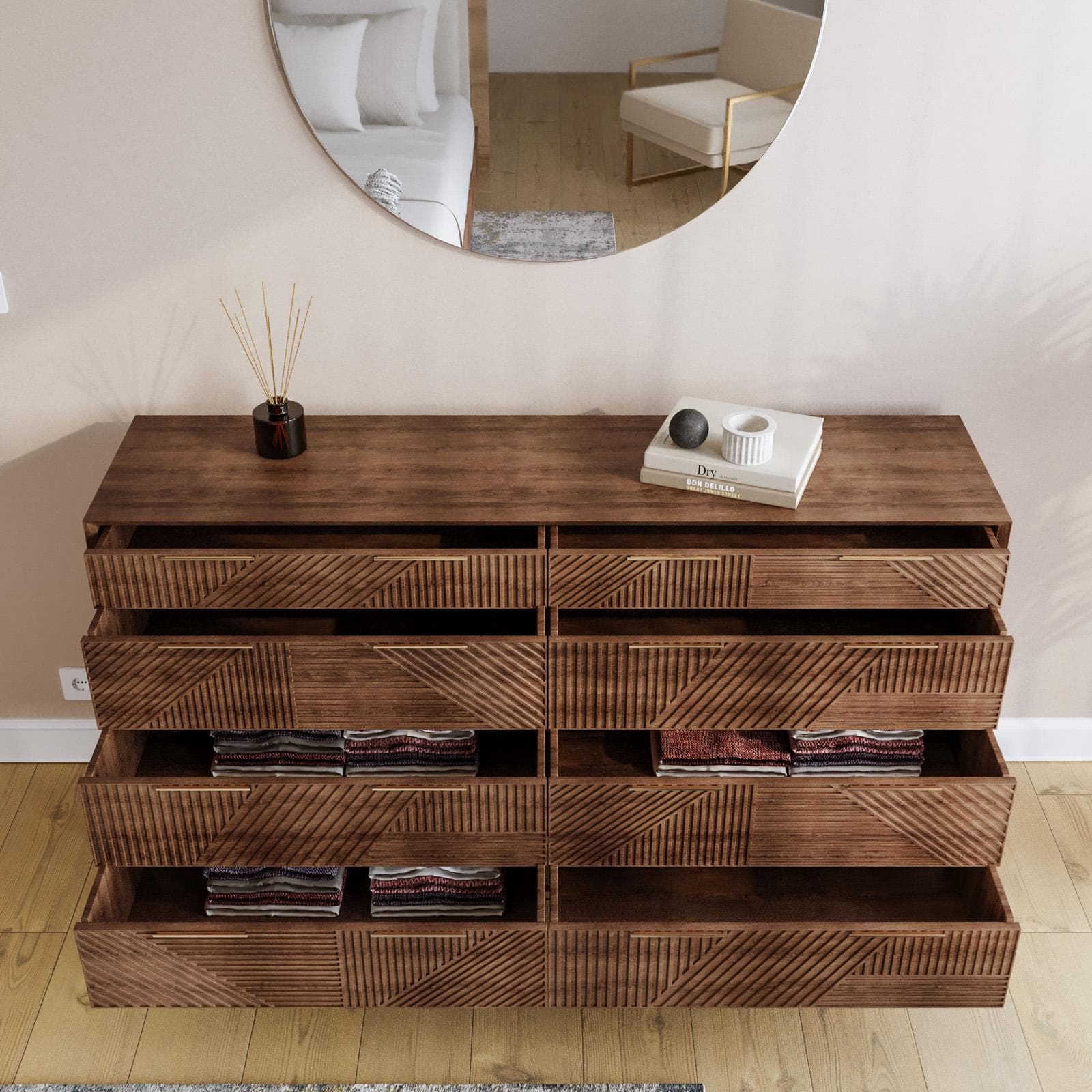 Cassettiera 160x90h cm con 8 cassetti in legno di mango cannettato - Maltese