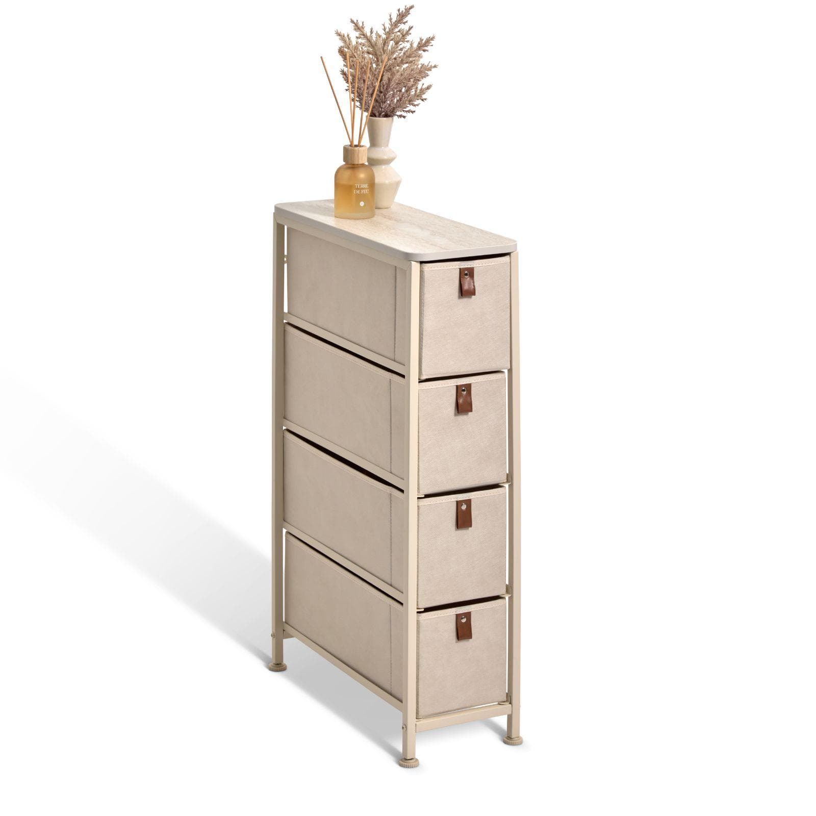 TEXTY CASSETTIERA L. 20 X P. 48 X H. 77 CM 4 CASSETTI IN TESSUTO BEIGE STRUTTURA IN ACCIAIO E LEGNO