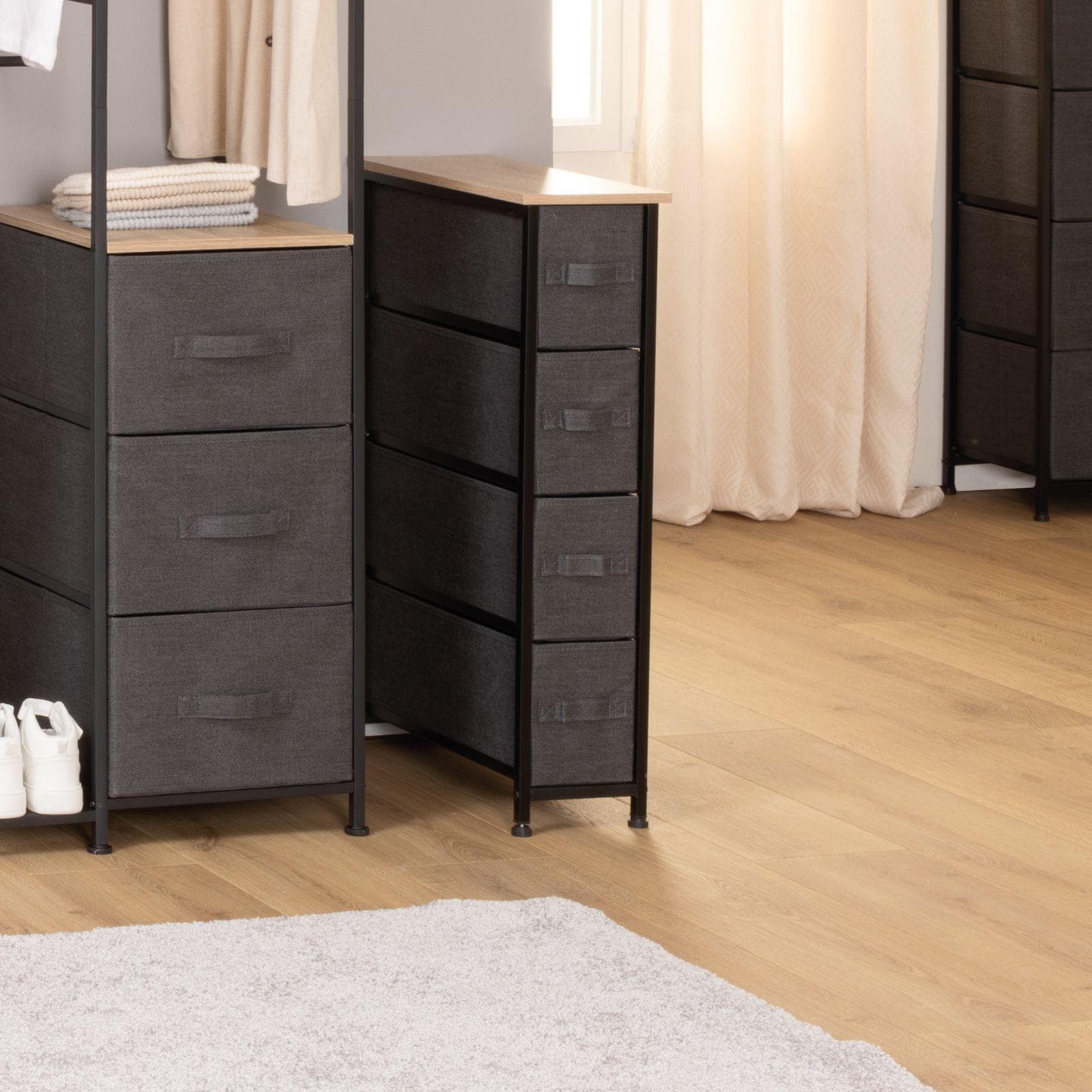 Cassettiera 20x77h cm in acciaio nero e legno con 4 cassetti in tessuto - Texty