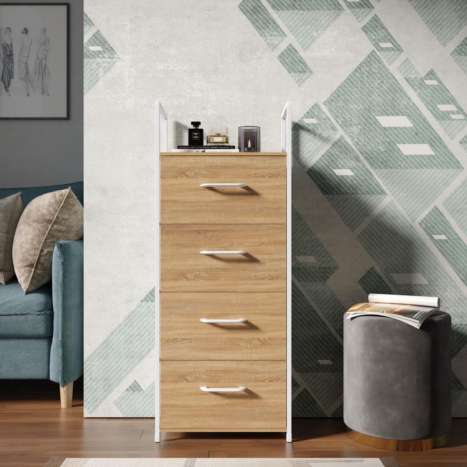 Cassettiera 40x100h cm effetto rovere pino con 4 cassetti in tessuto beige e struttura in acciaio bianco - Nuevo