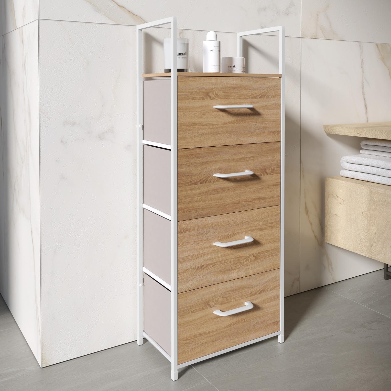 Cassettiera 40x100h cm effetto rovere pino con 4 cassetti in tessuto beige e struttura in acciaio bianco - Nuevo