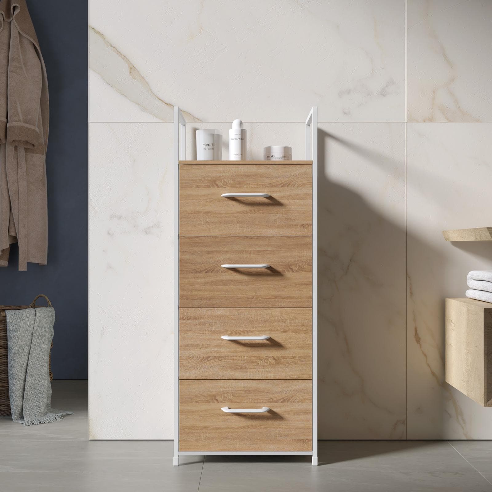 Cassettiera 40x100h cm effetto rovere pino con 4 cassetti in tessuto beige e struttura in acciaio bianco - Nuevo