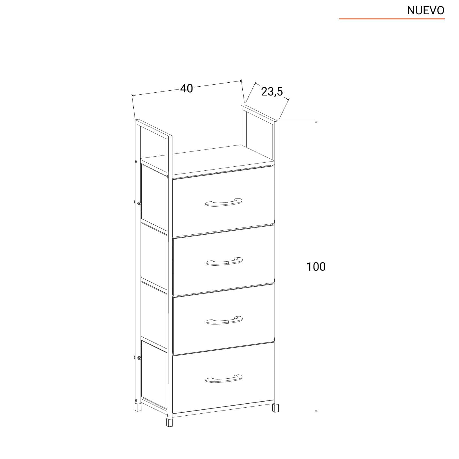 Cassettiera 40x100h cm effetto rovere pino con 4 cassetti in tessuto beige e struttura in acciaio bianco - Nuevo