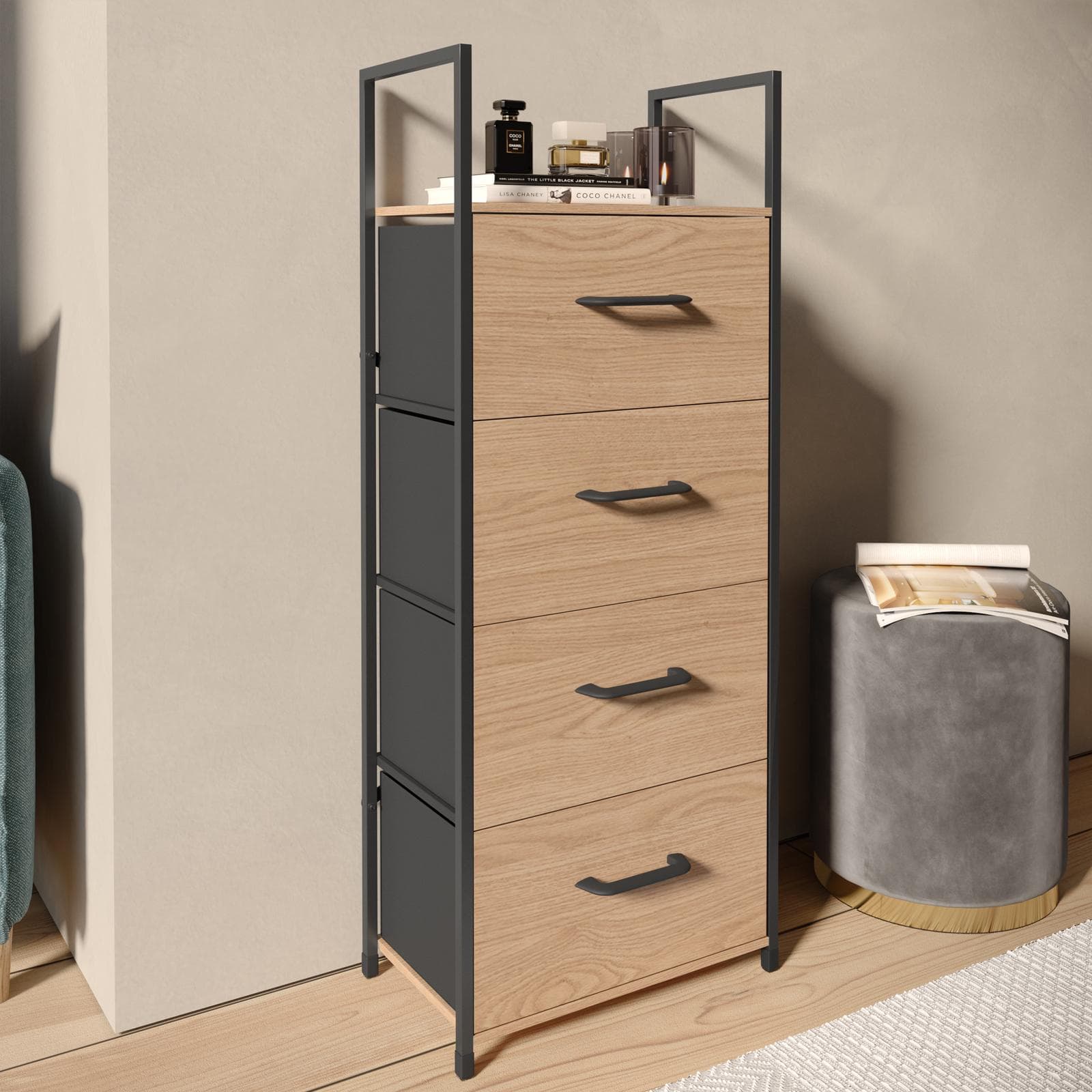 Cassettiera 40x100h cm effetto rovere selvatico con 4 cassetti in tessuto e struttura in acciaio nero - Nuevo