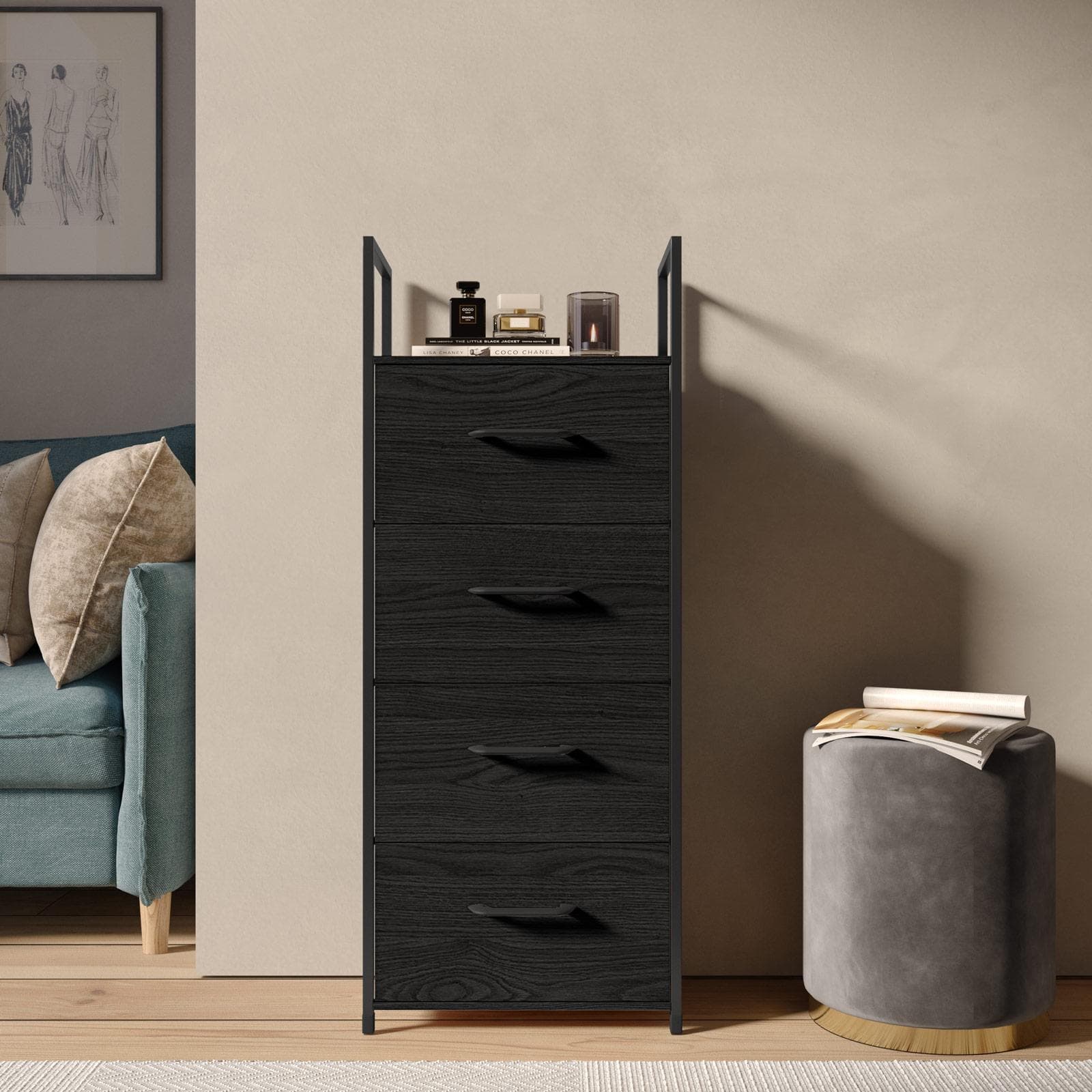 Cassettiera 40x100h cm nero effetto legno con 4 cassetti in tessuto e struttura in acciaio - Nuevo