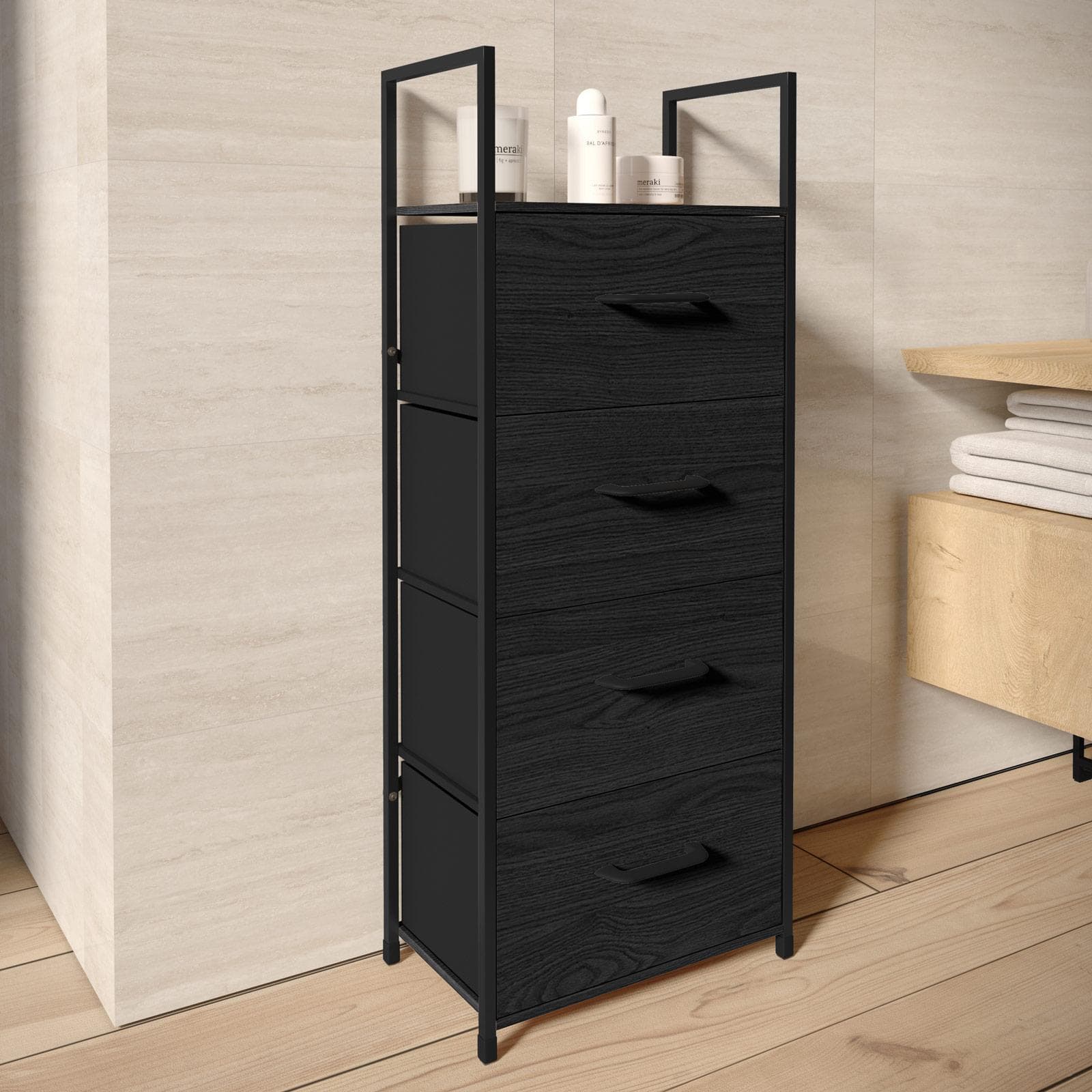 Cassettiera 40x100h cm nero effetto legno con 4 cassetti in tessuto e struttura in acciaio - Nuevo