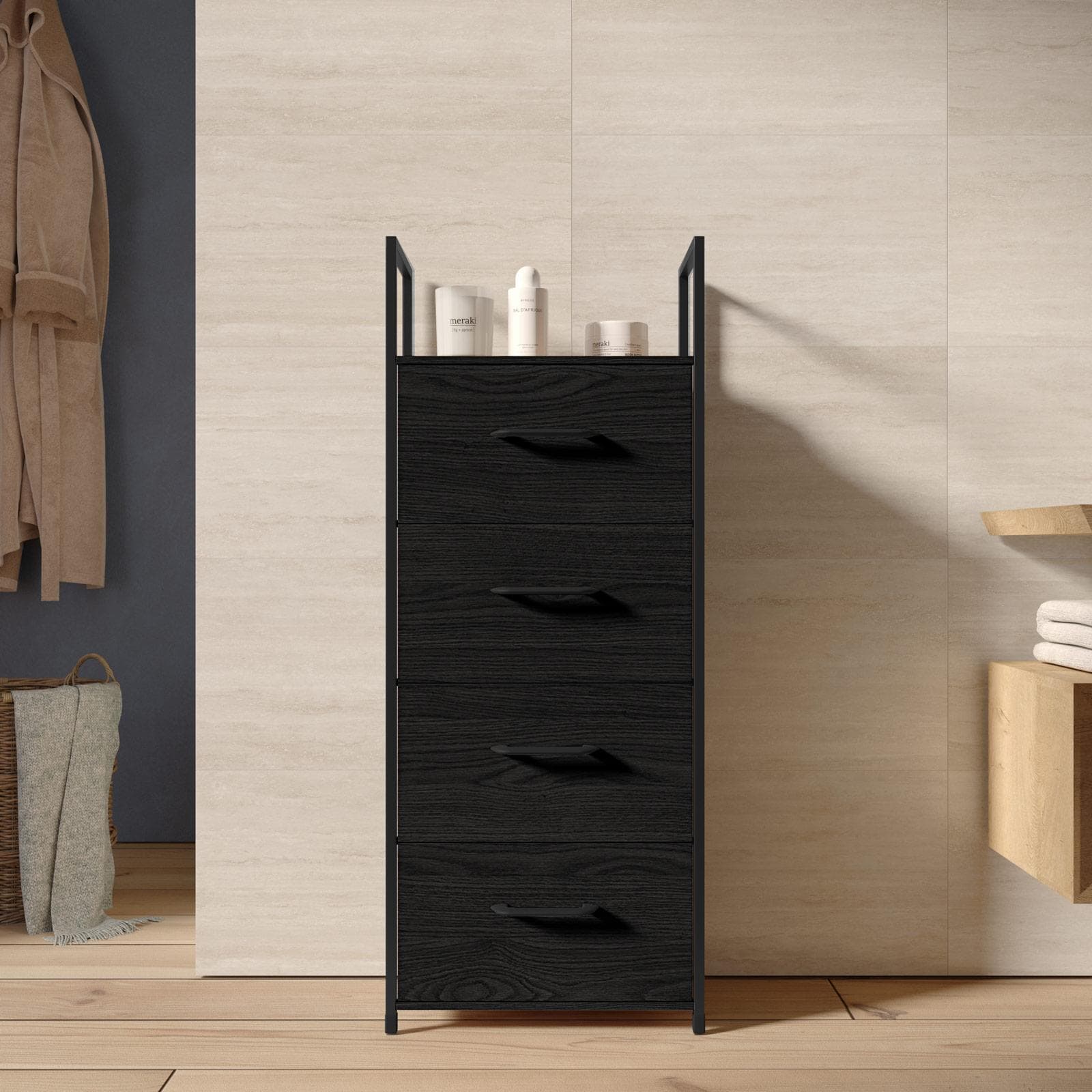 Cassettiera 40x100h cm nero effetto legno con 4 cassetti in tessuto e struttura in acciaio - Nuevo