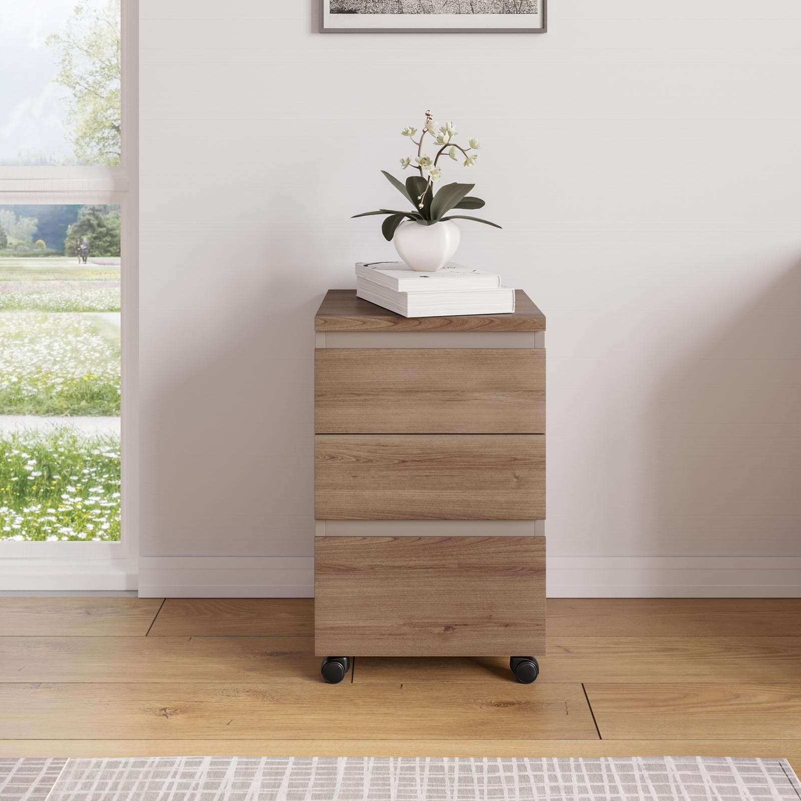 Cassettiera 40x64h cm rovere smoked e tortora con 3 cassetti e ruote - Larah