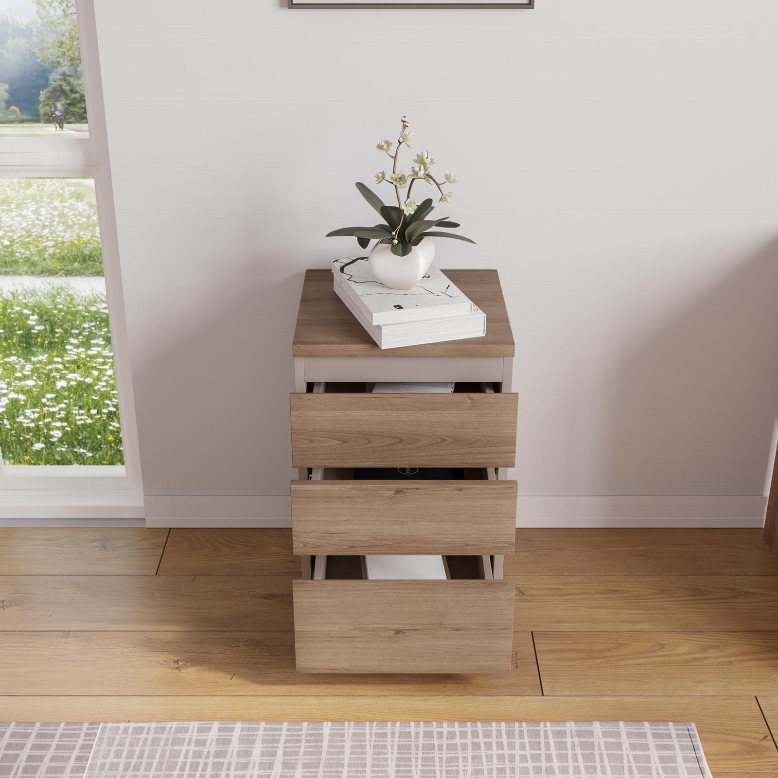 Cassettiera 40x64h cm rovere smoked e tortora con 3 cassetti e ruote - Larah