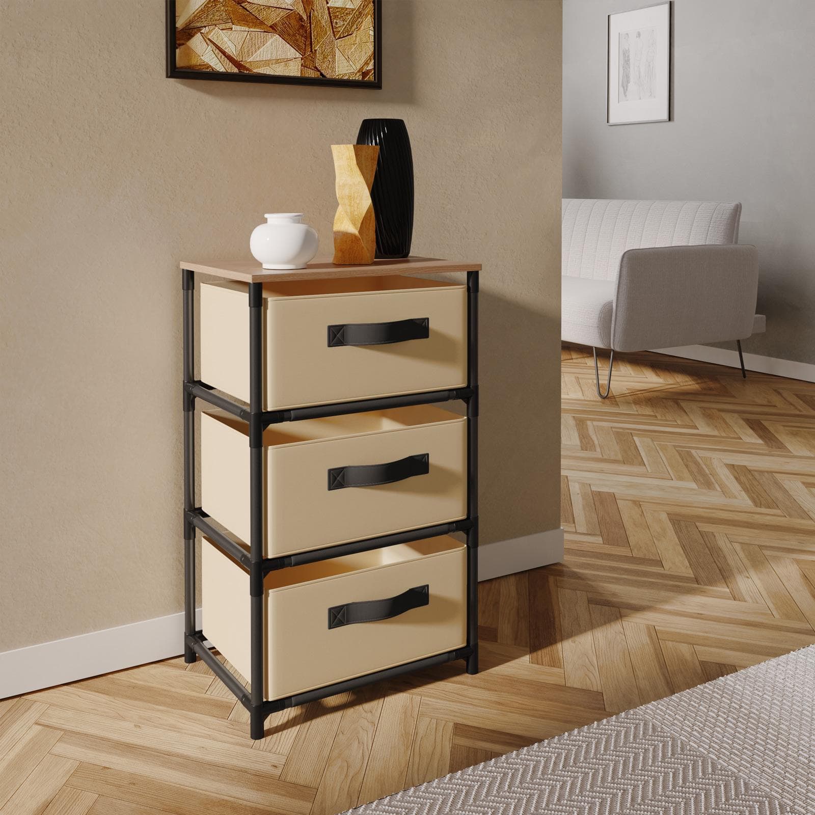 Cassettiera 40x68h cm top effetto rovere selvatico con 3 cassetti in tessuto beige e struttura in acciaio nero - Kales