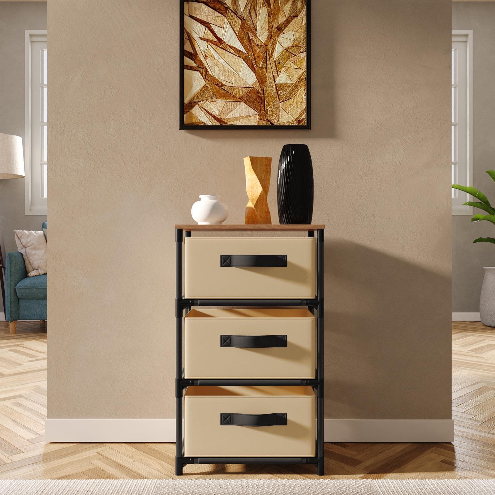 Cassettiera 40x68h cm top effetto rovere selvatico con 3 cassetti in tessuto beige e struttura in acciaio nero - Kales