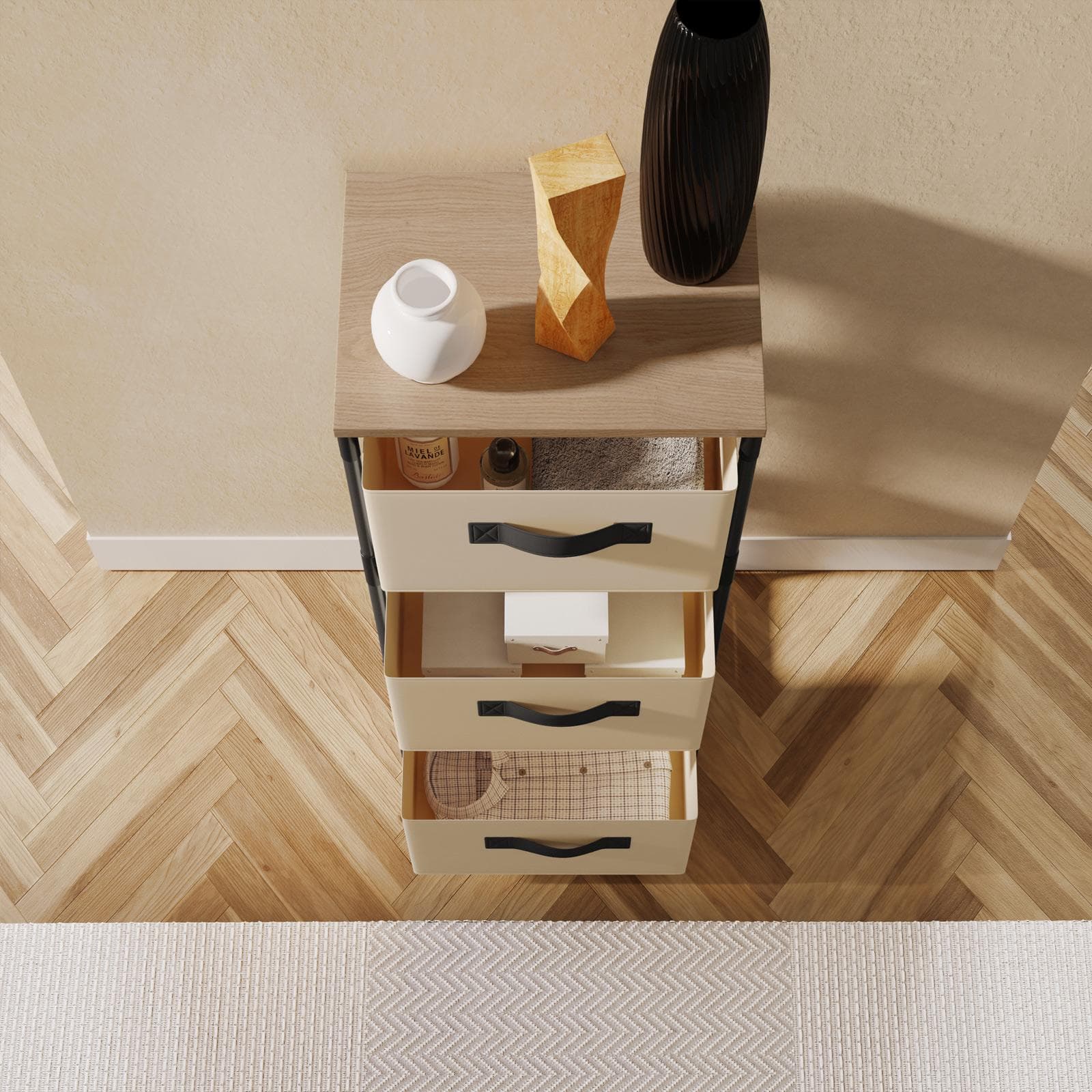 Cassettiera 40x68h cm top effetto rovere selvatico con 3 cassetti in tessuto beige e struttura in acciaio nero - Kales