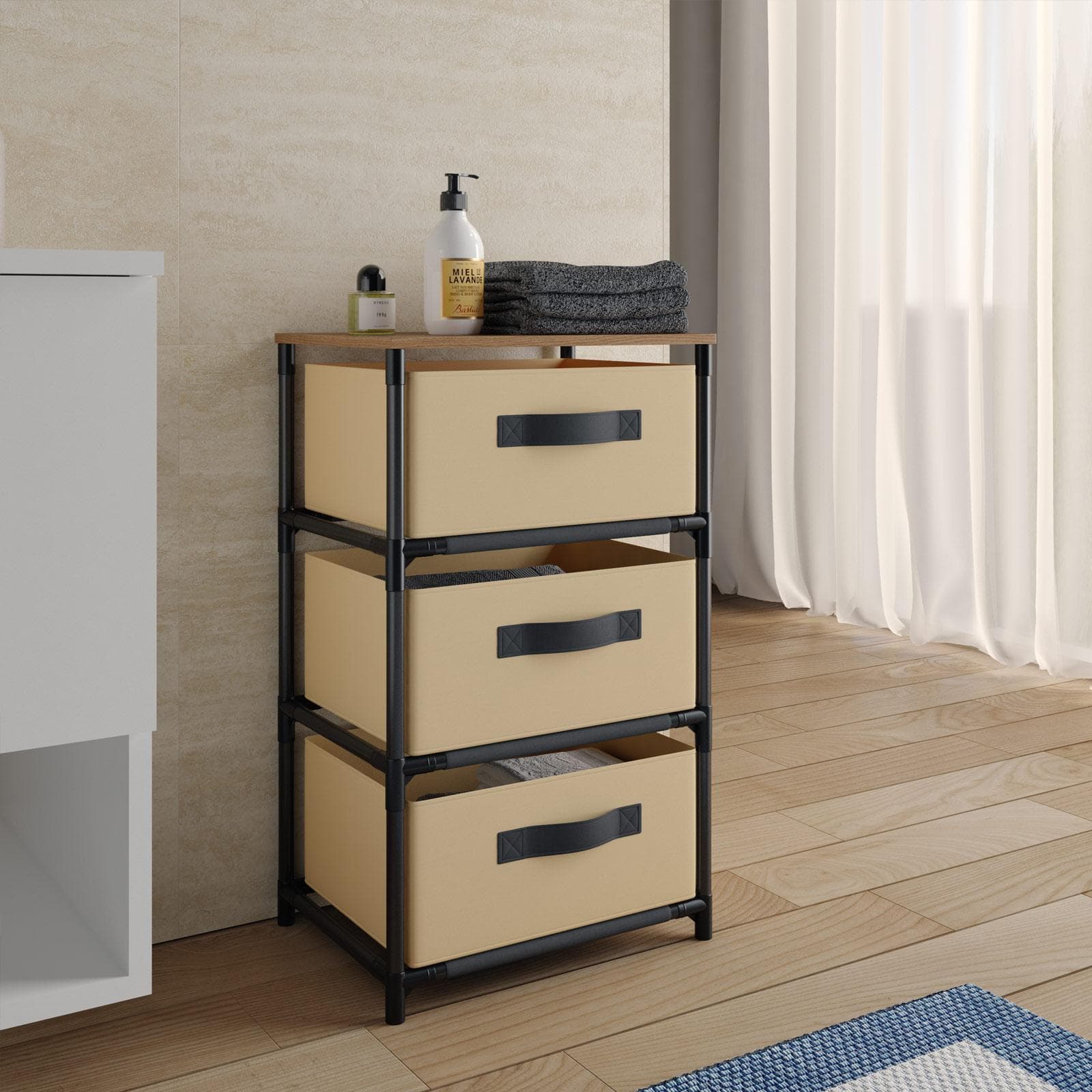 Cassettiera 40x68h cm top effetto rovere selvatico con 3 cassetti in tessuto beige e struttura in acciaio nero - Kales