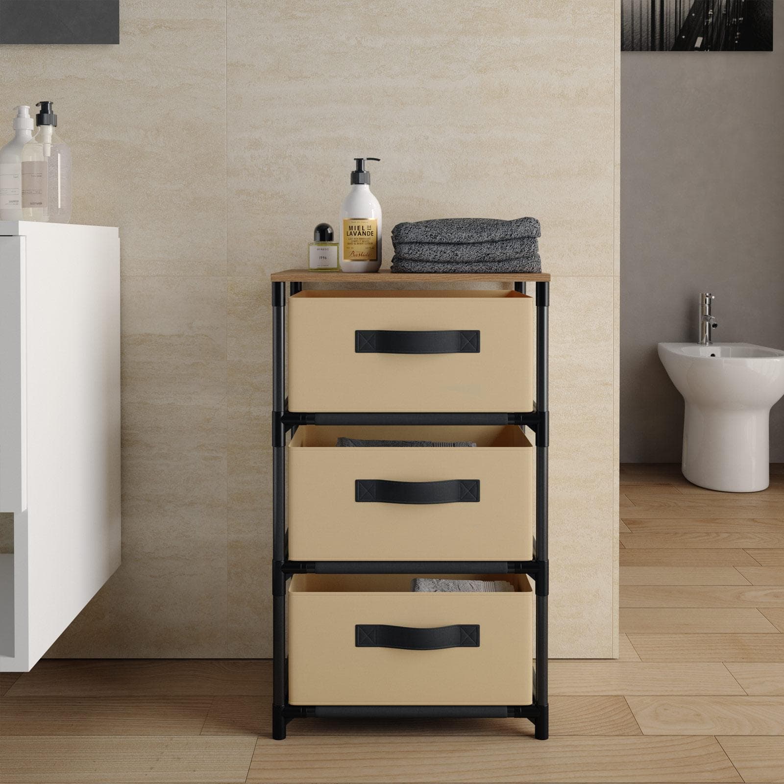 Cassettiera 40x68h cm top effetto rovere selvatico con 3 cassetti in tessuto beige e struttura in acciaio nero - Kales