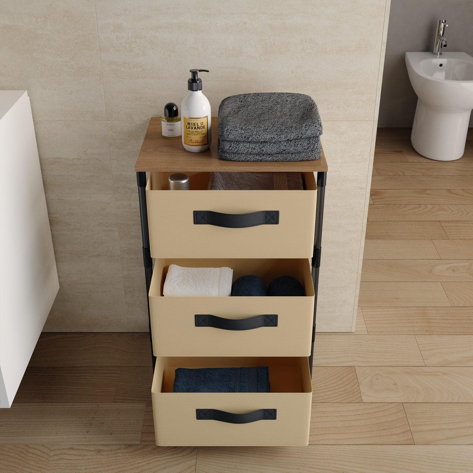 Cassettiera 40x68h cm top effetto rovere selvatico con 3 cassetti in tessuto beige e struttura in acciaio nero - Kales