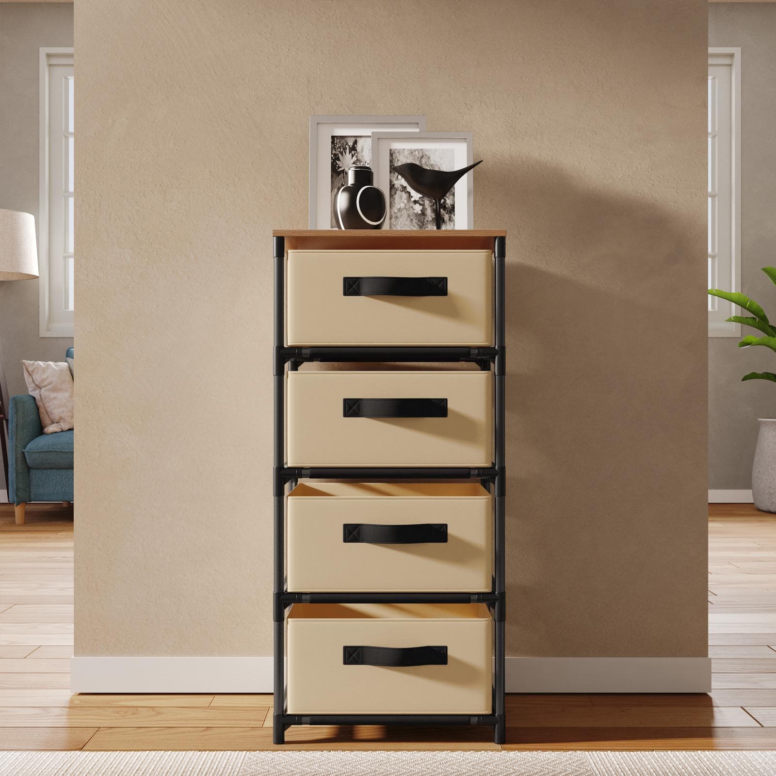Cassettiera 40x89h cm top effetto rovere selvatico con 4 cassetti in tessuto beige e struttura in acciaio nero - Kales