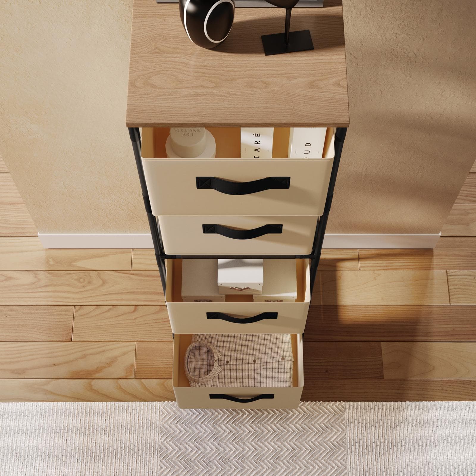 Cassettiera 40x89h cm top effetto rovere selvatico con 4 cassetti in tessuto beige e struttura in acciaio nero - Kales