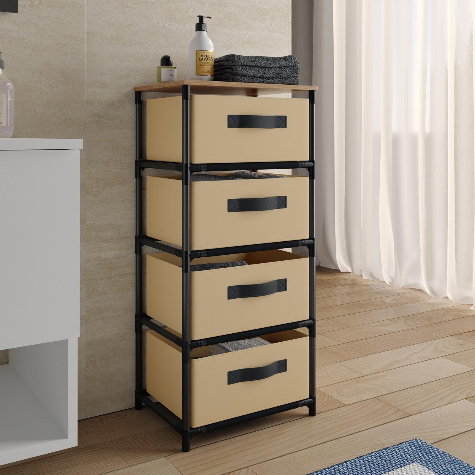 Cassettiera 40x89h cm top effetto rovere selvatico con 4 cassetti in tessuto beige e struttura in acciaio nero - Kales