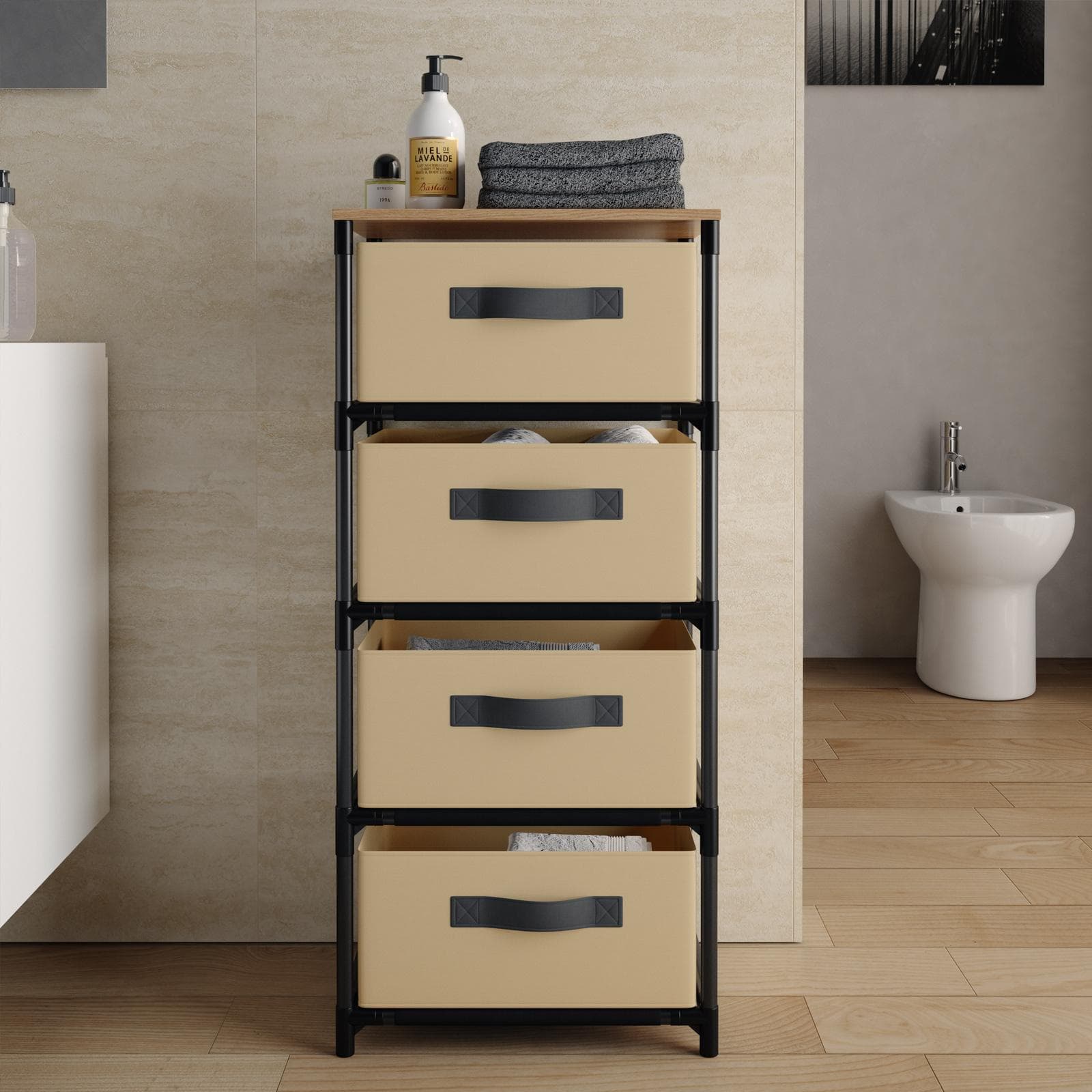 Cassettiera 40x89h cm top effetto rovere selvatico con 4 cassetti in tessuto beige e struttura in acciaio nero - Kales