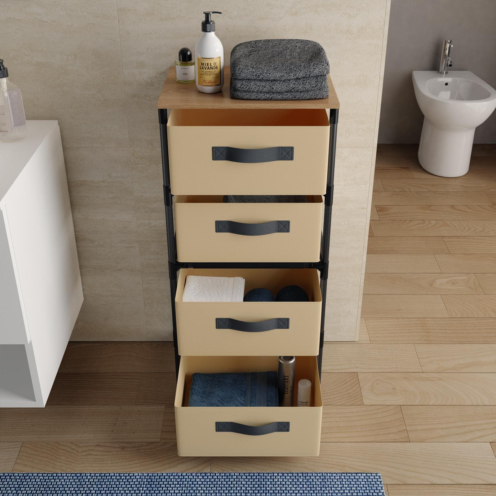 Cassettiera 40x89h cm top effetto rovere selvatico con 4 cassetti in tessuto beige e struttura in acciaio nero - Kales
