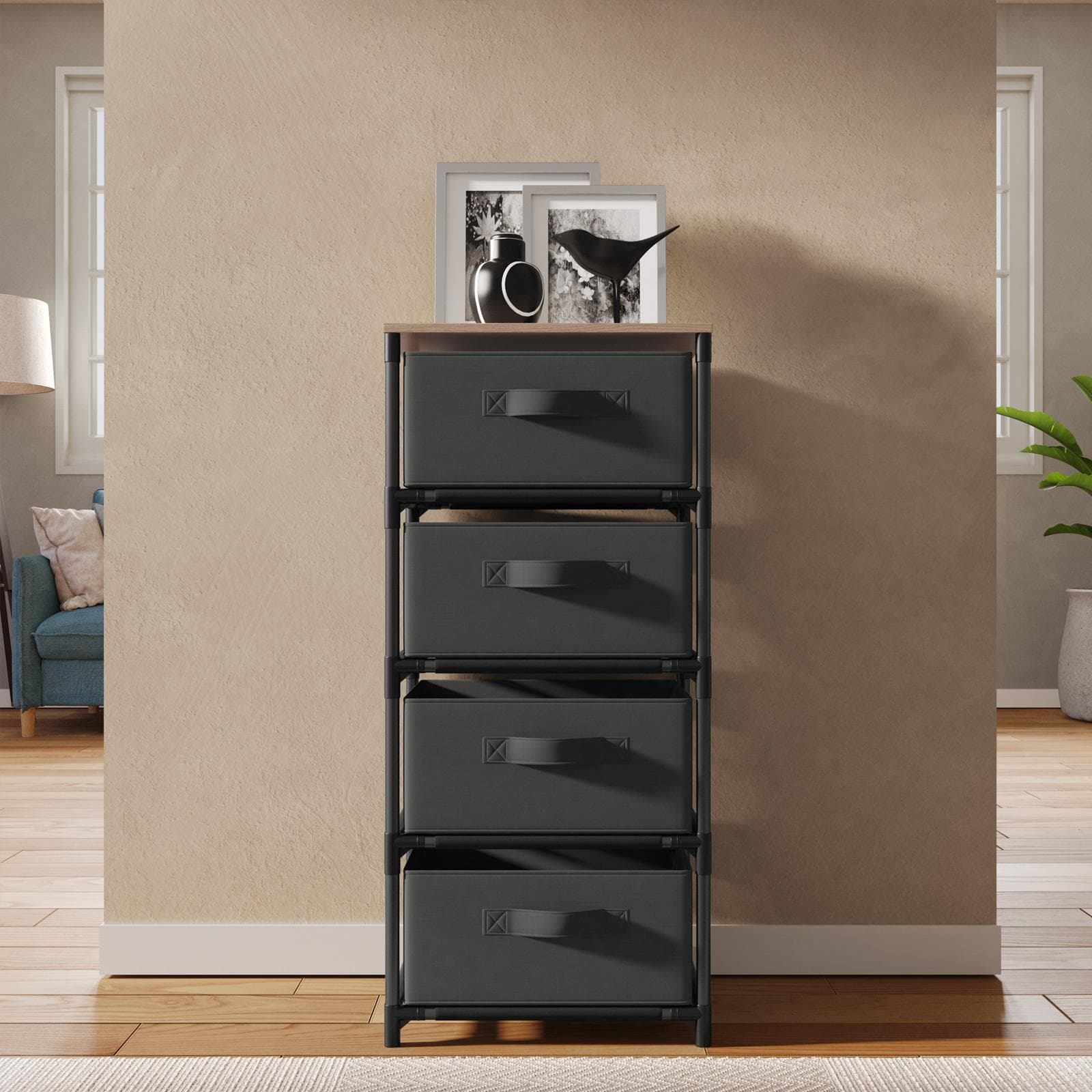 Cassettiera 40x89h cm top effetto rovere selvatico con 4 cassetti in tessuto e struttura in acciaio nero - Kales