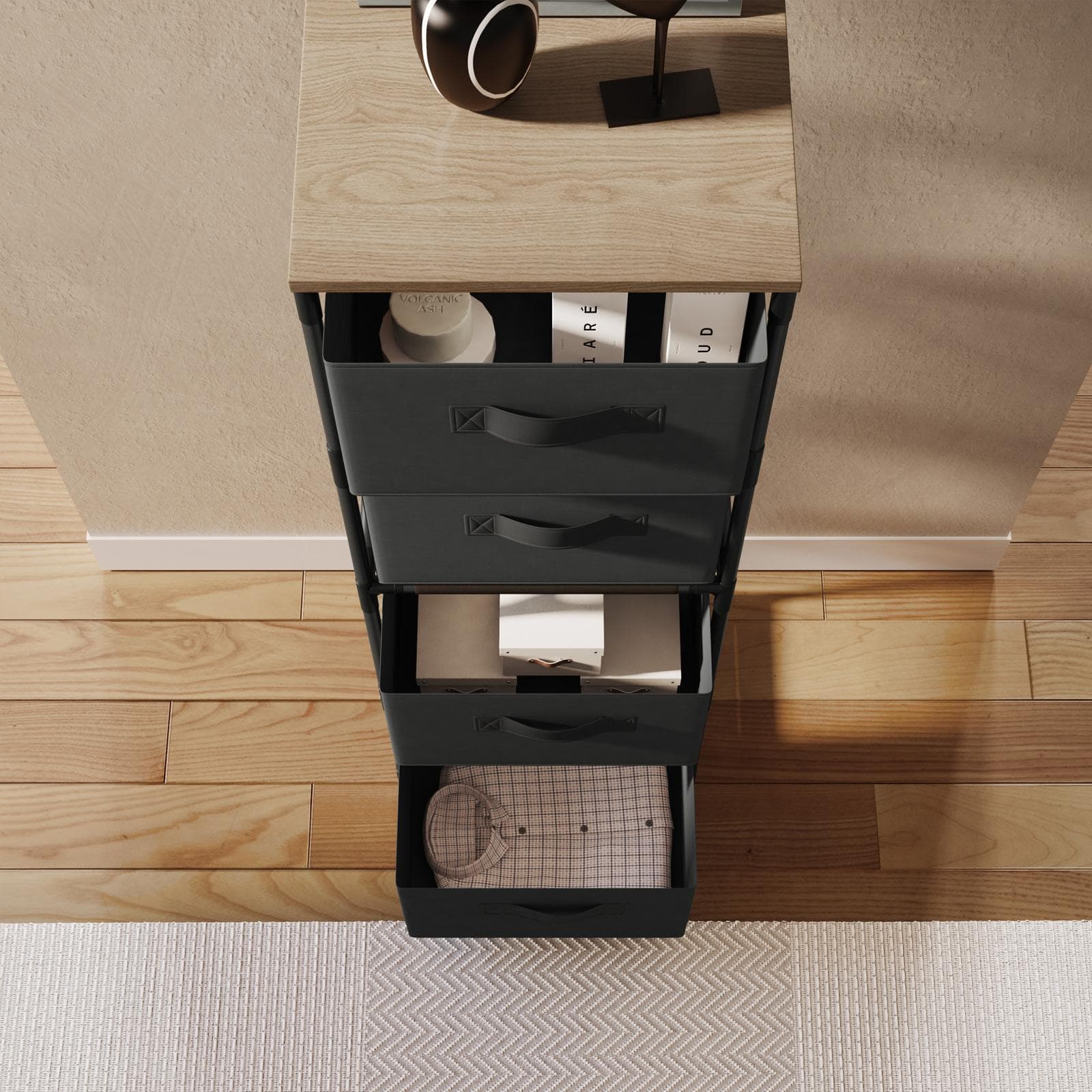 Cassettiera 40x89h cm top effetto rovere selvatico con 4 cassetti in tessuto e struttura in acciaio nero - Kales