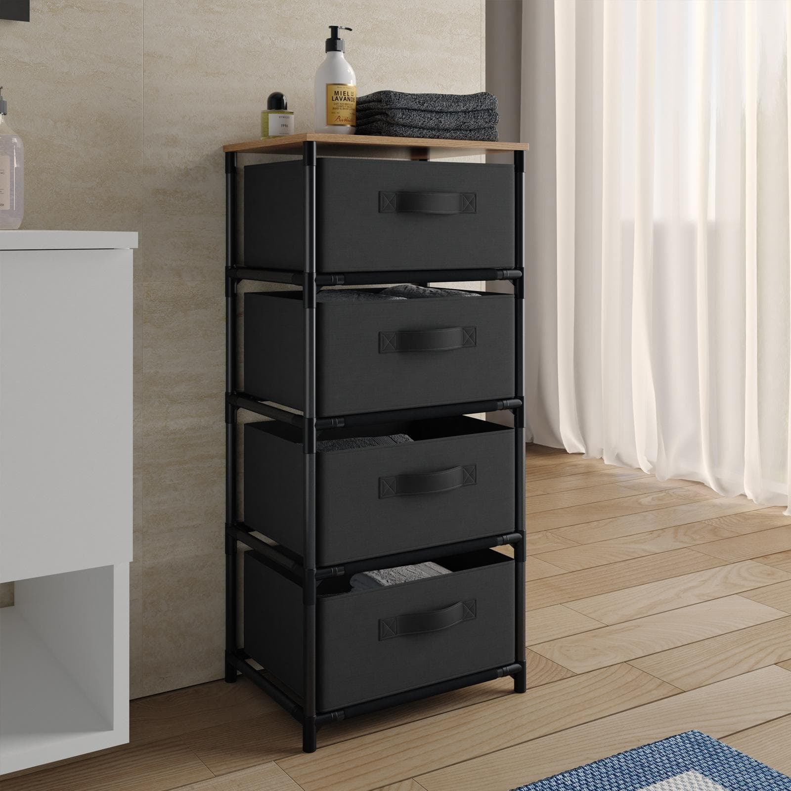 Cassettiera 40x89h cm top effetto rovere selvatico con 4 cassetti in tessuto e struttura in acciaio nero - Kales
