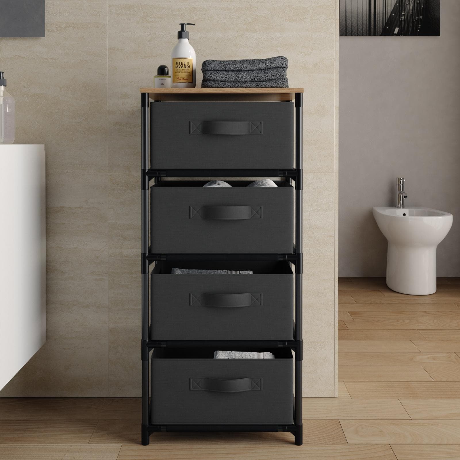 Cassettiera 40x89h cm top effetto rovere selvatico con 4 cassetti in tessuto e struttura in acciaio nero - Kales