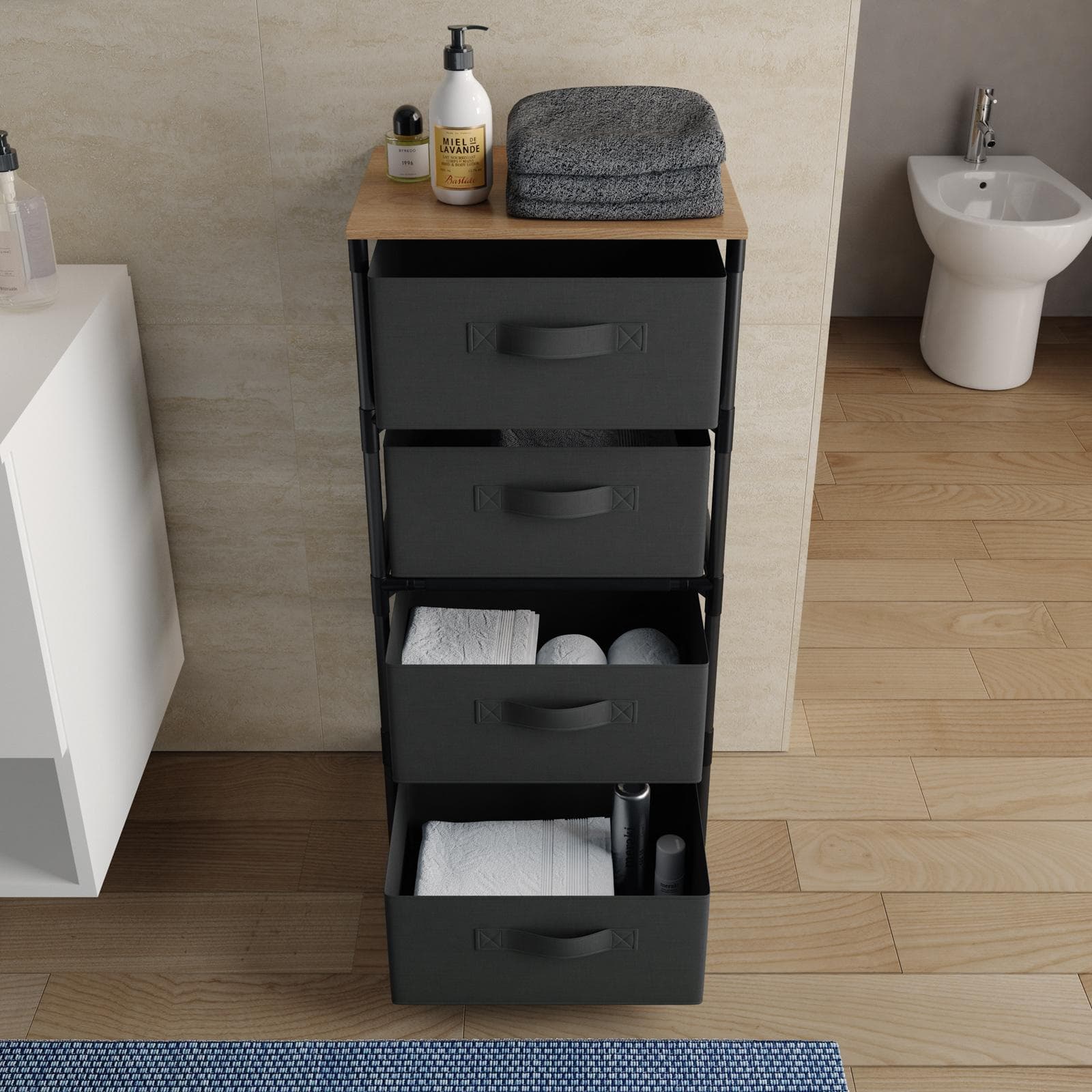 Cassettiera 40x89h cm top effetto rovere selvatico con 4 cassetti in tessuto e struttura in acciaio nero - Kales