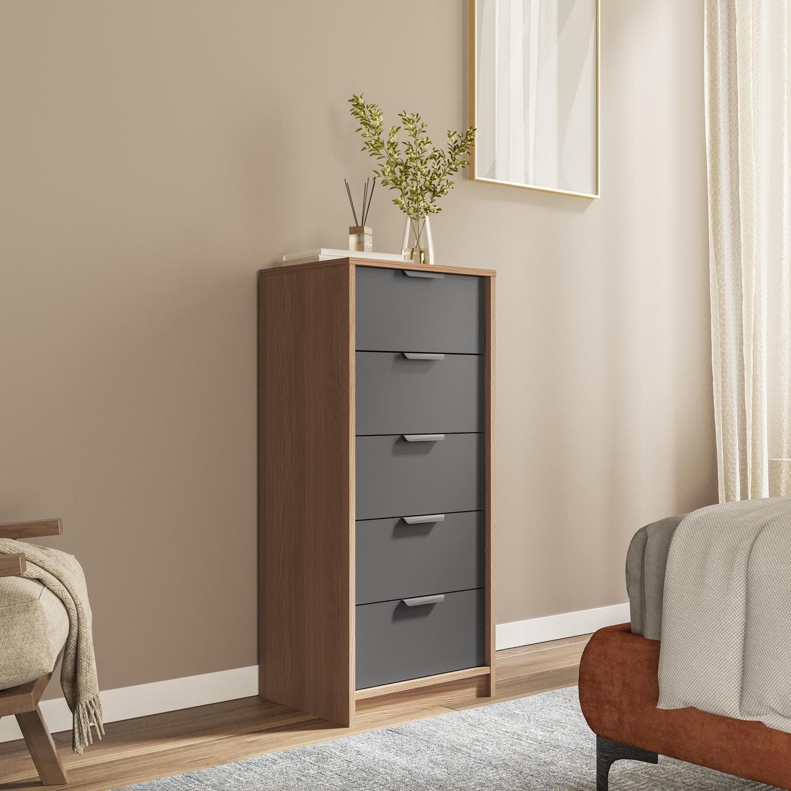 Cassettiera 44x108h cm legno antracite e rovere con 5 cassetti - Aubin