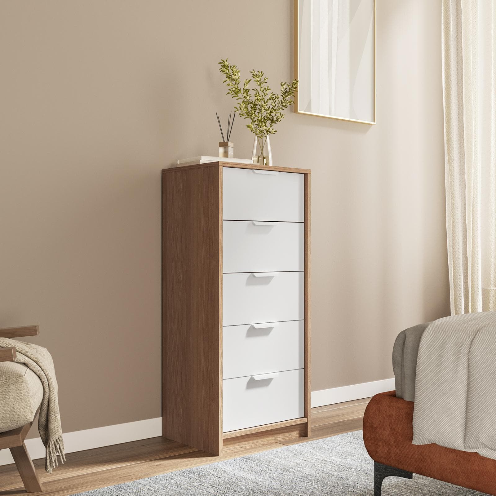 Cassettiera 44x108h cm rovere e legno bianco con 5 cassetti - Aubin