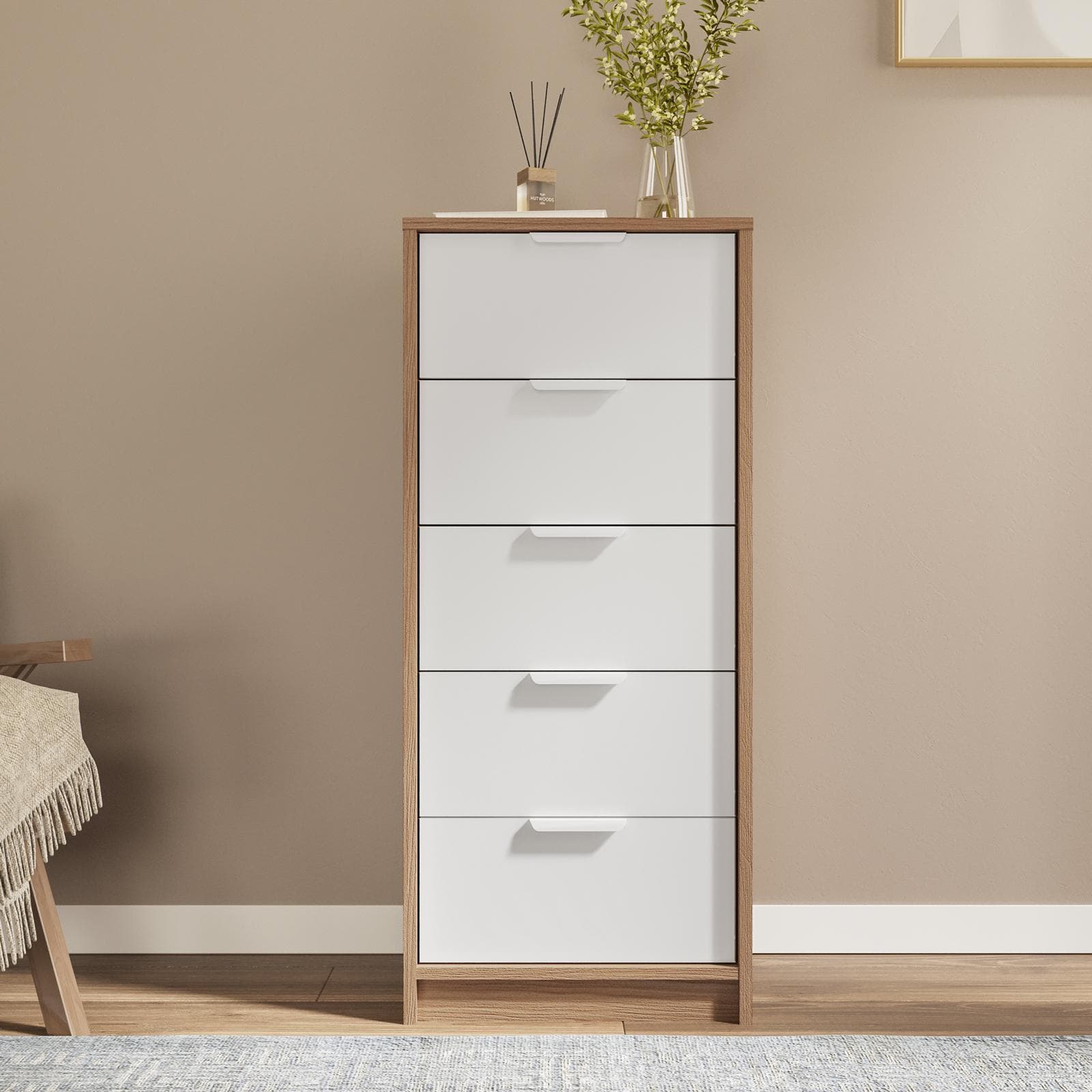 Cassettiera 44x108h cm rovere e legno bianco con 5 cassetti - Aubin