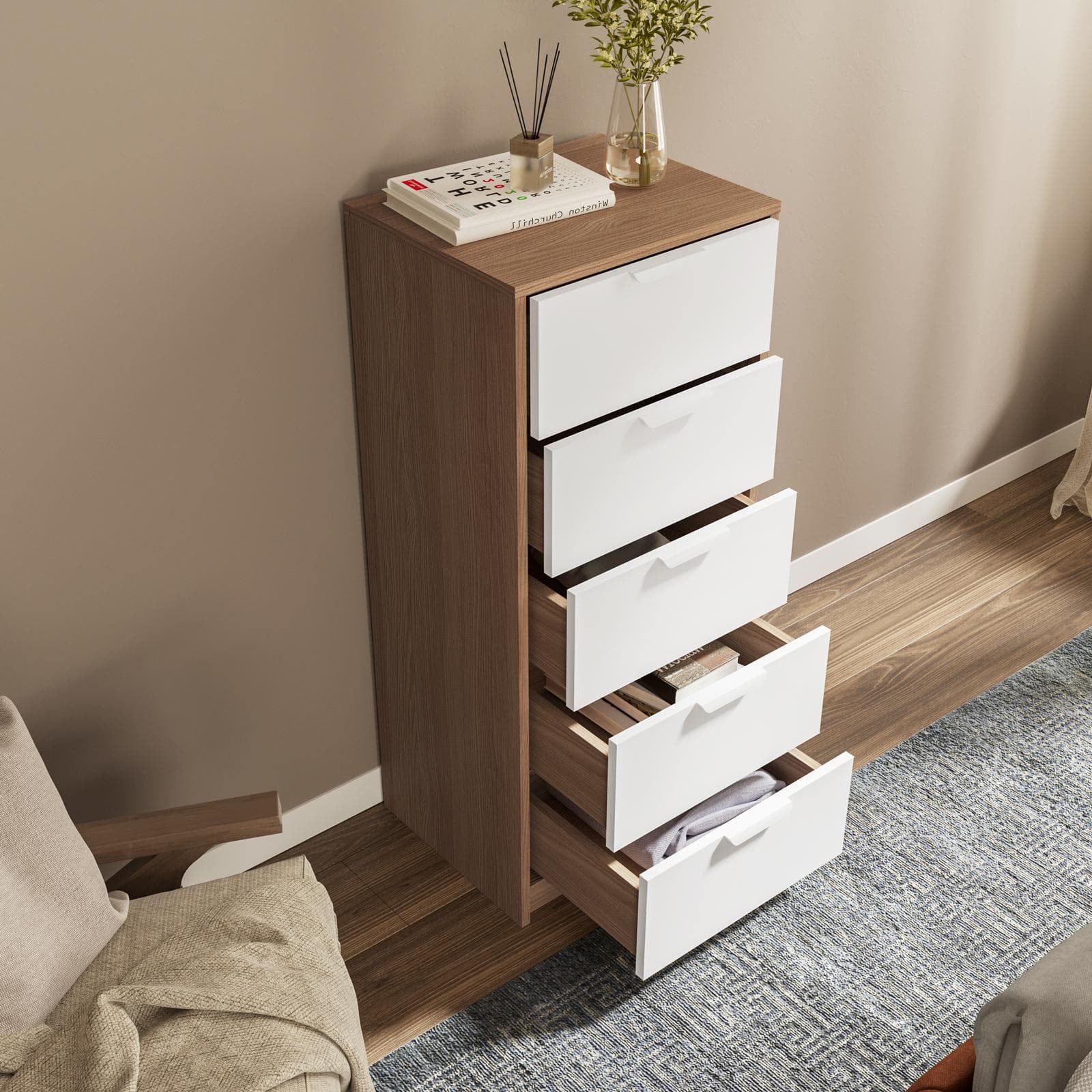 Cassettiera 44x108h cm rovere e legno bianco con 5 cassetti - Aubin