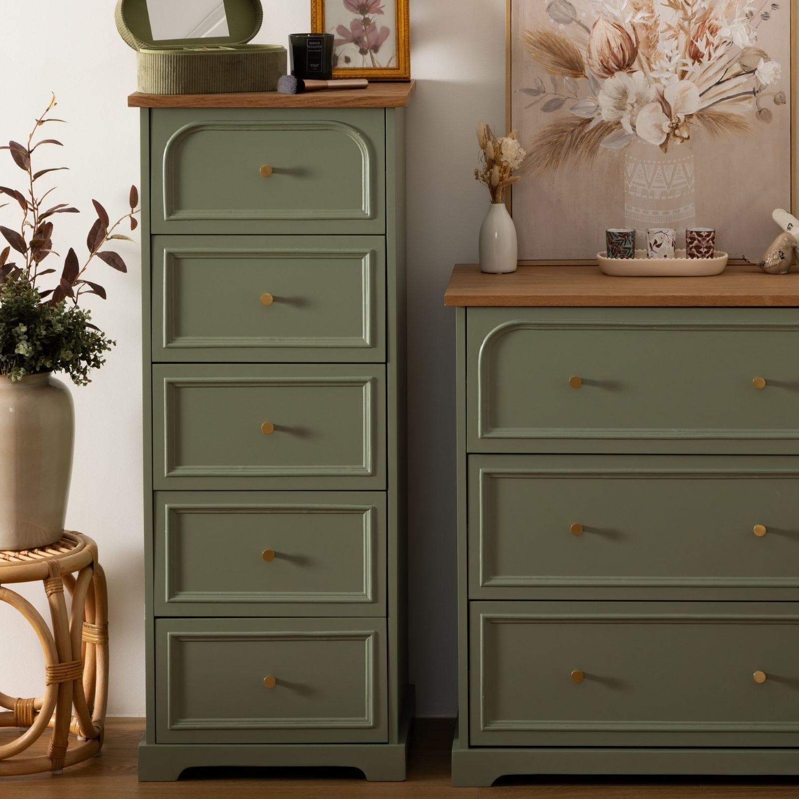 Cassettiera 45x113h cm in legno verde e naturale con 5 cassetti soft close - Charlotte