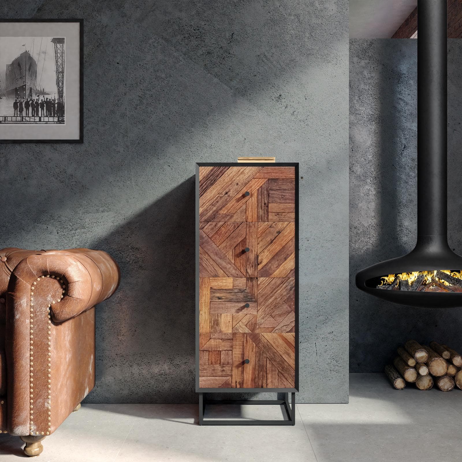 Cassettiera 45x115h cm in legno naturale effetto invecchiato e metallo nero - Desindos