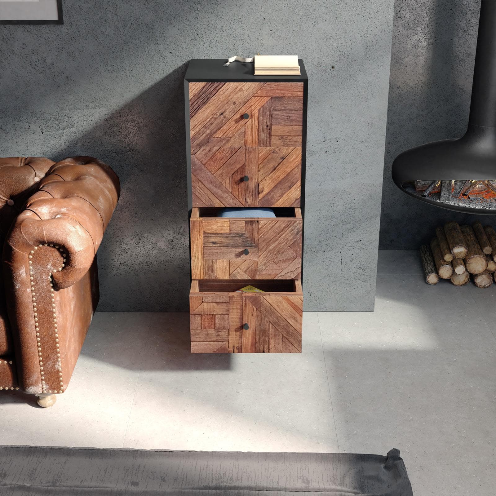 Cassettiera 45x115h cm in legno naturale effetto invecchiato e metallo nero - Desindos