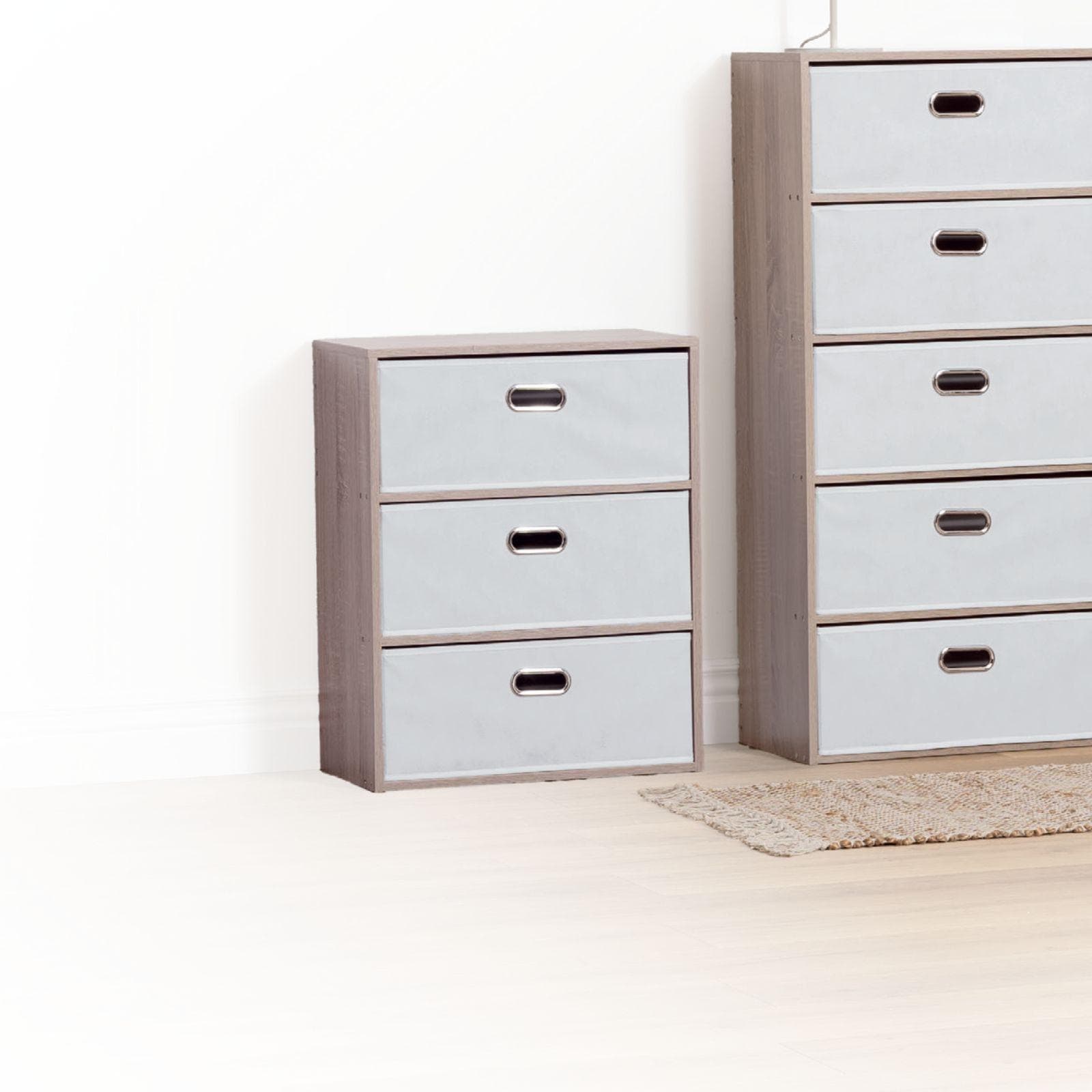Cassettiera 50x60h cm effetto rovere naturale con 3 cassetti in tessuto bianco - Helga