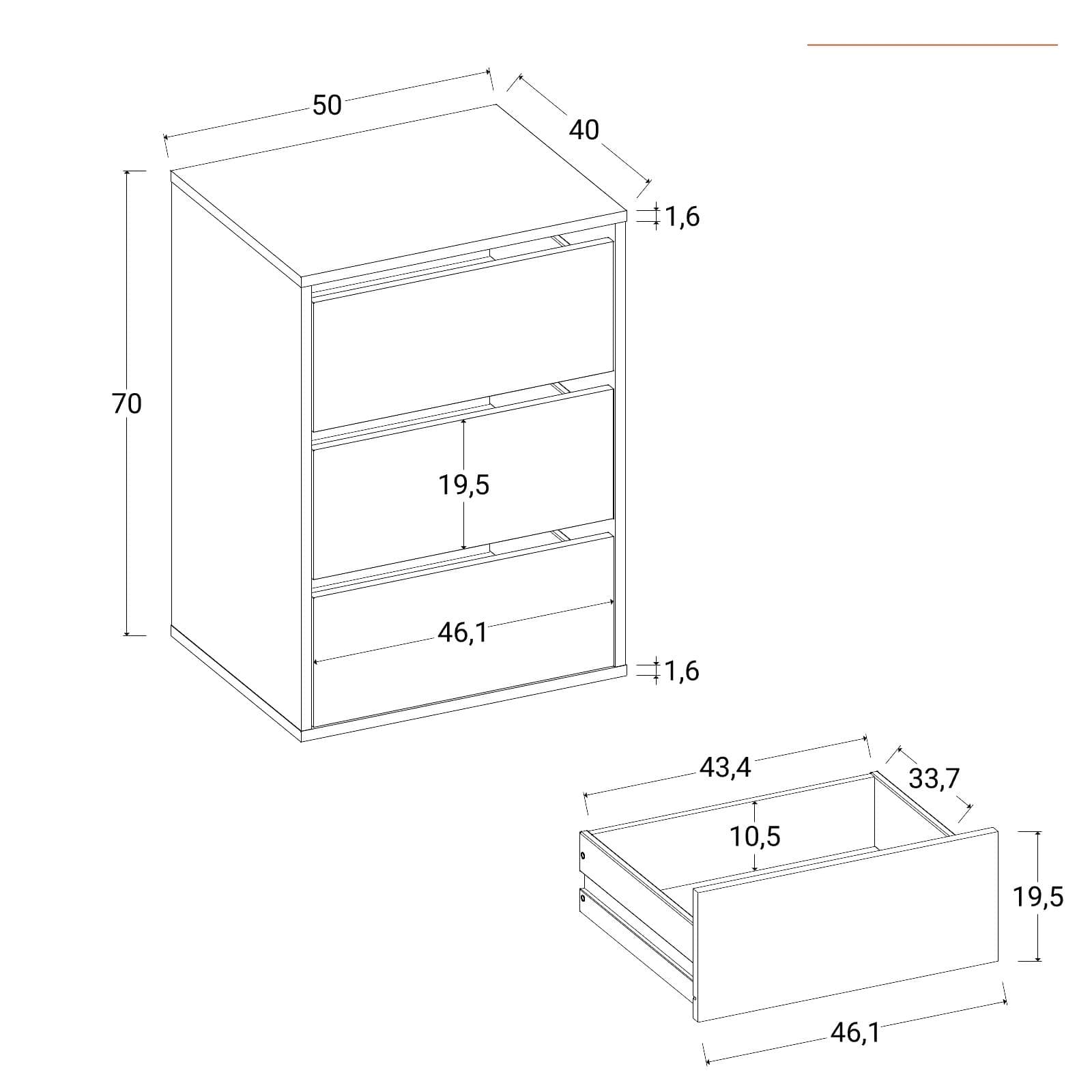 Cassettiera 50x70h cm per armadio scorrevole Essex antracite con 3 cassetti