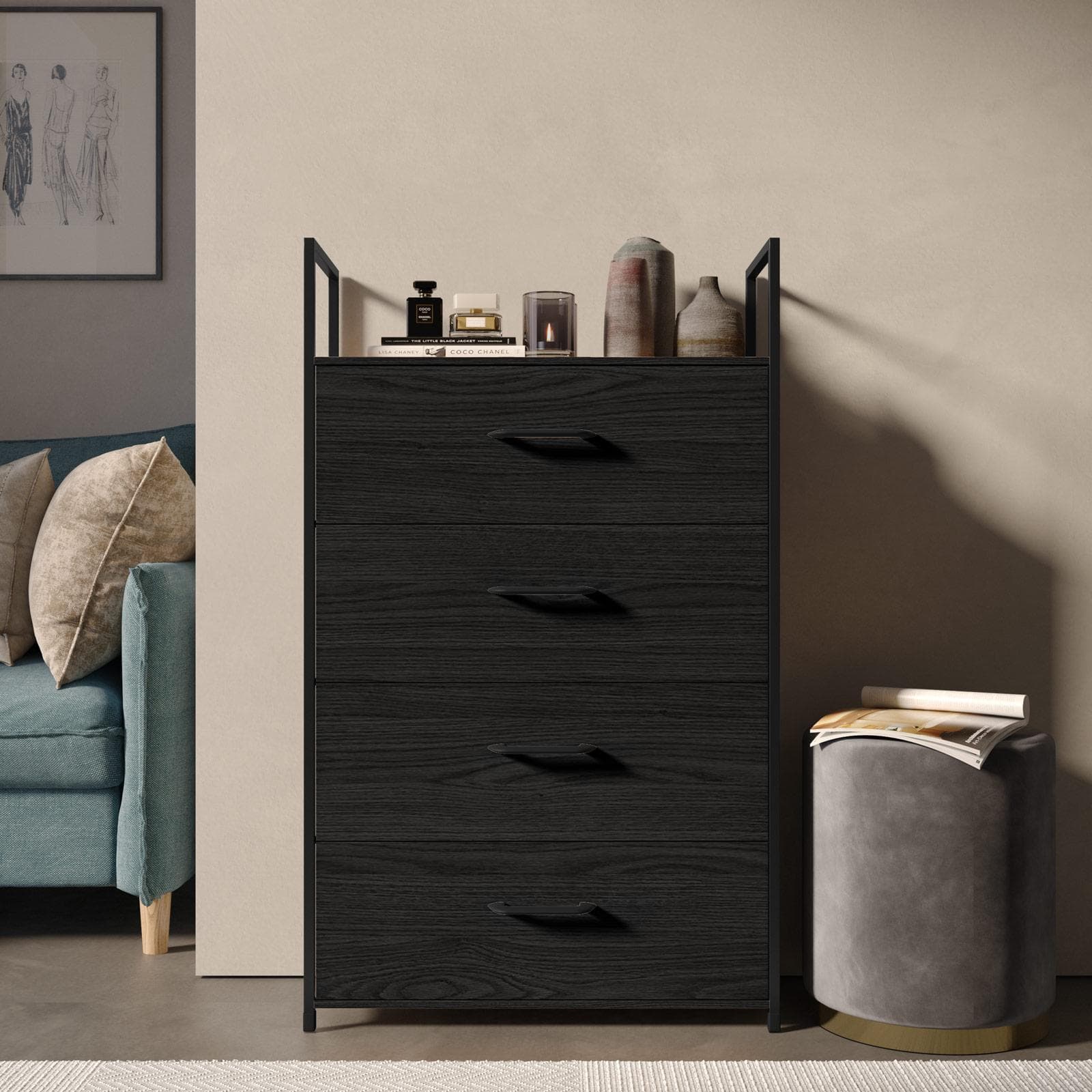 Cassettiera 60x100h cm nero effetto legno con 4 cassetti in tessuto e struttura in acciaio - Nuevo