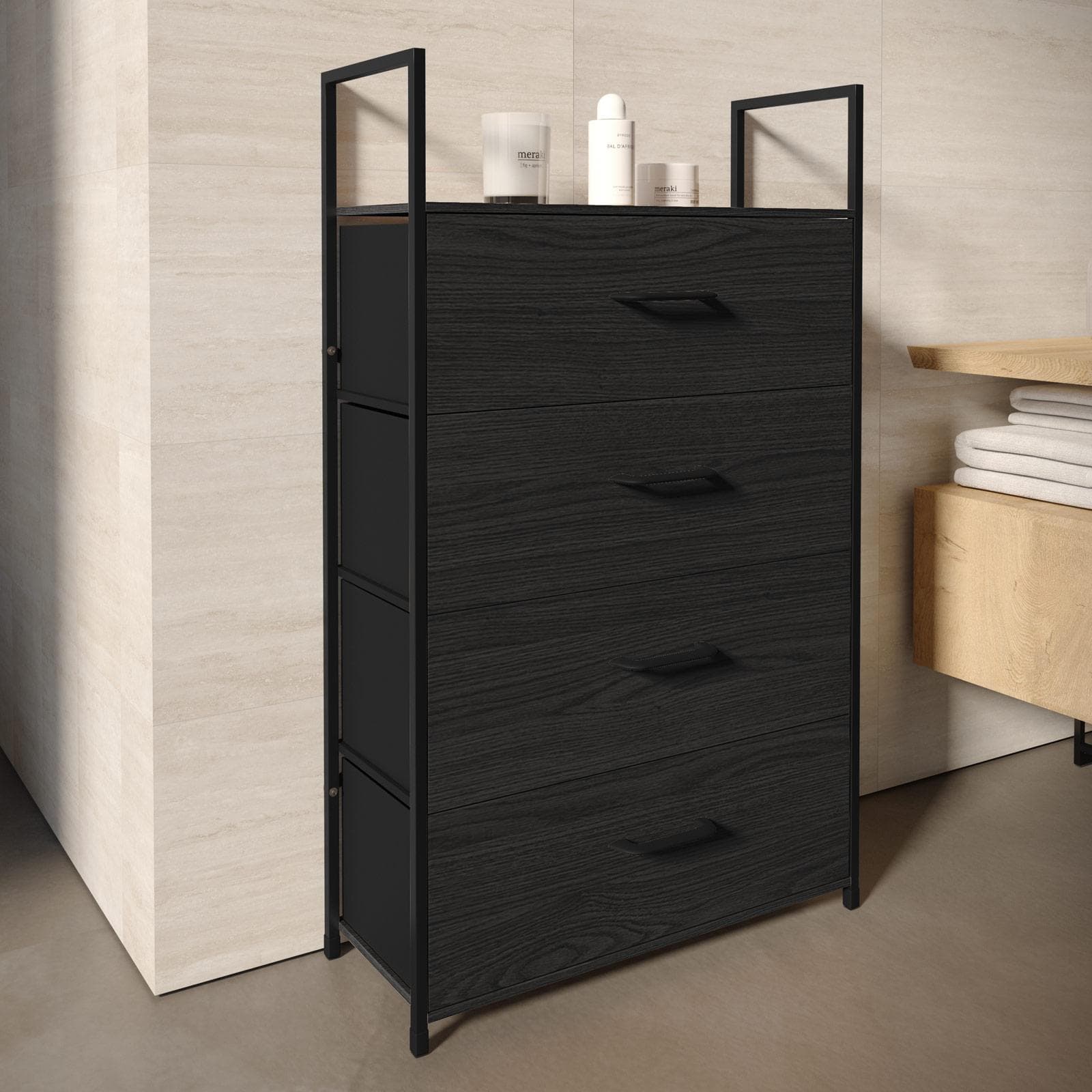 Cassettiera 60x100h cm nero effetto legno con 4 cassetti in tessuto e struttura in acciaio - Nuevo