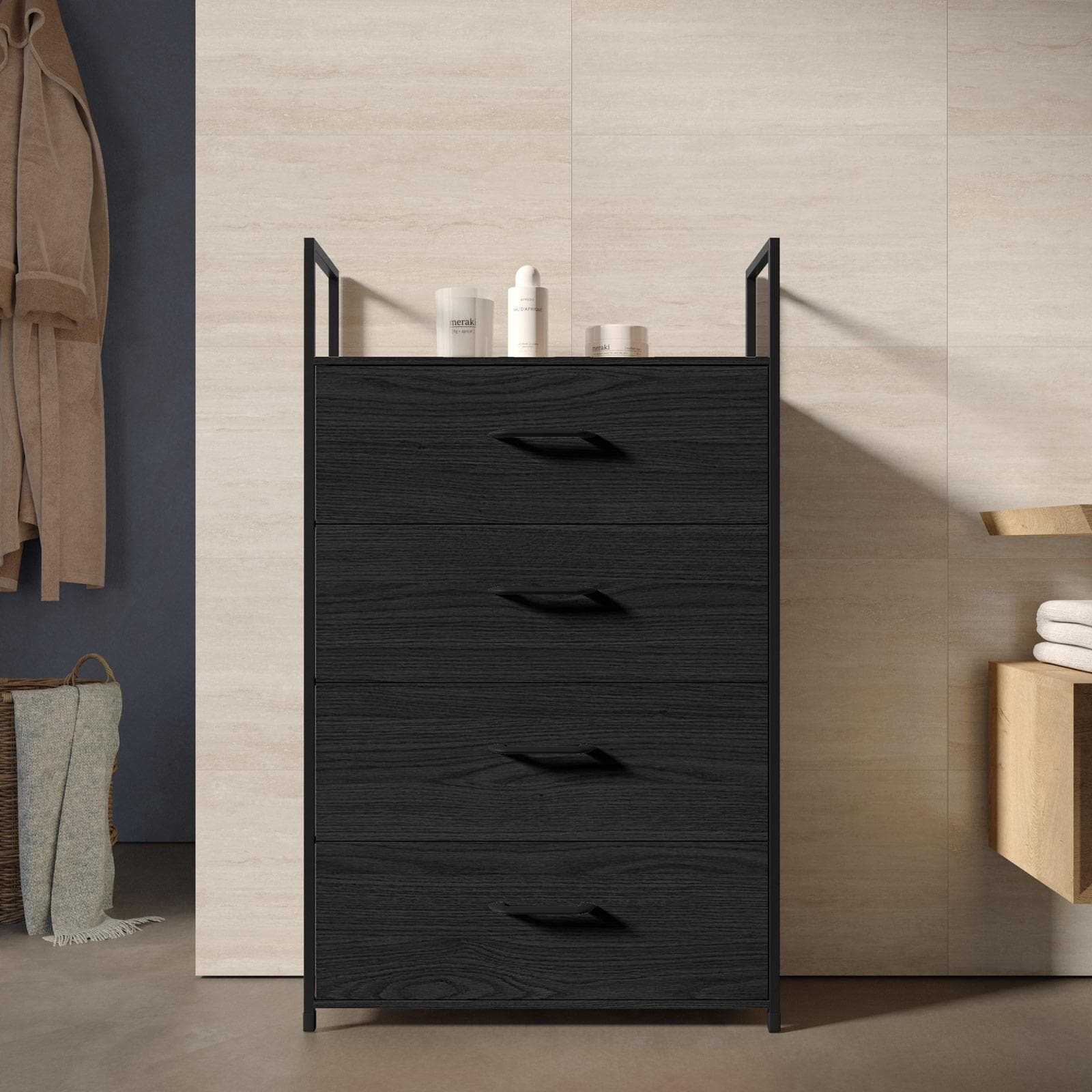 Cassettiera 60x100h cm nero effetto legno con 4 cassetti in tessuto e struttura in acciaio - Nuevo