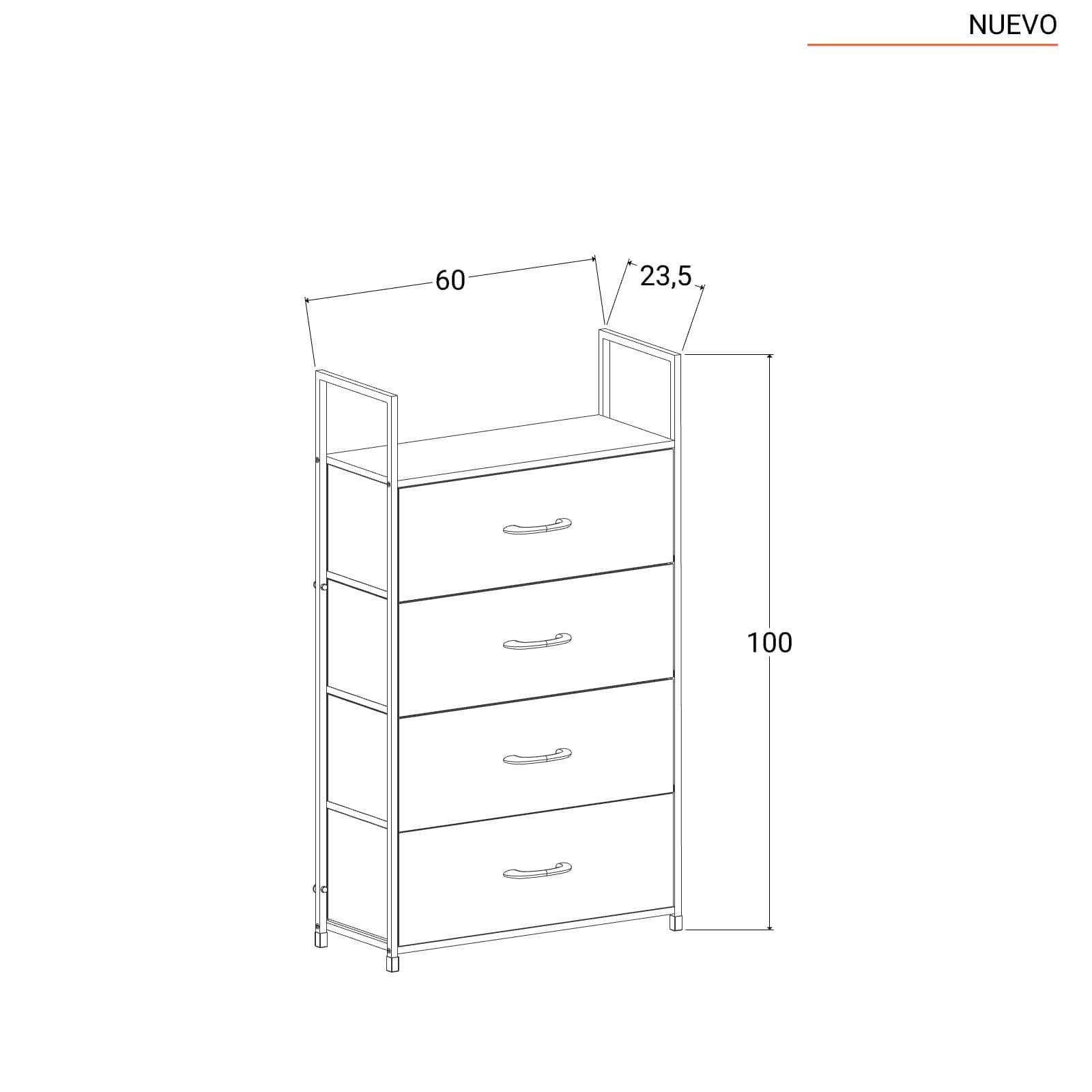 Cassettiera 60x100h cm nero effetto legno con 4 cassetti in tessuto e struttura in acciaio - Nuevo