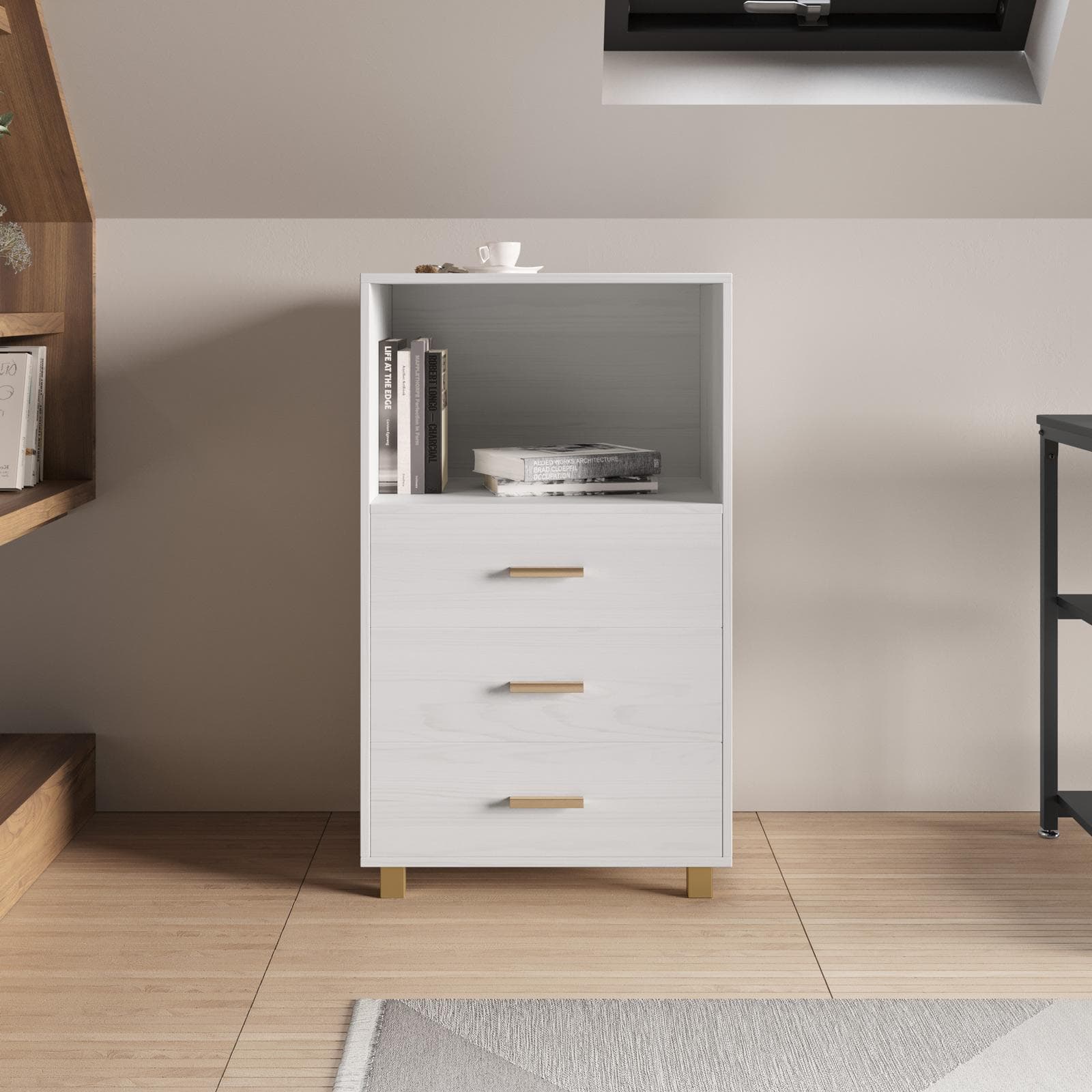 Cassettiera 60x100h cm con 3 cassetti e ripiano bianco effetto legno - Elvira