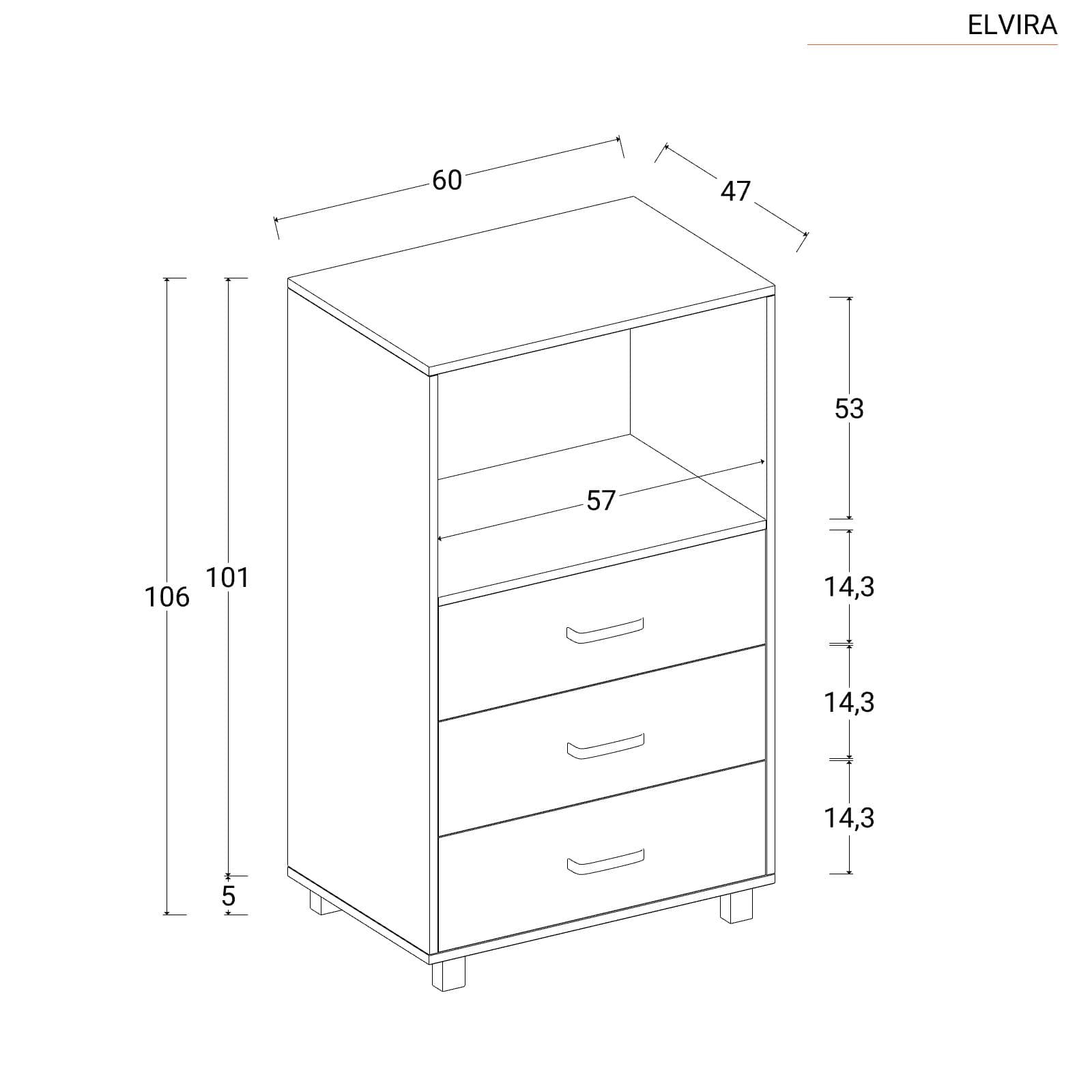 Cassettiera 60x100h cm con 3 cassetti e ripiano bianco effetto legno - Elvira