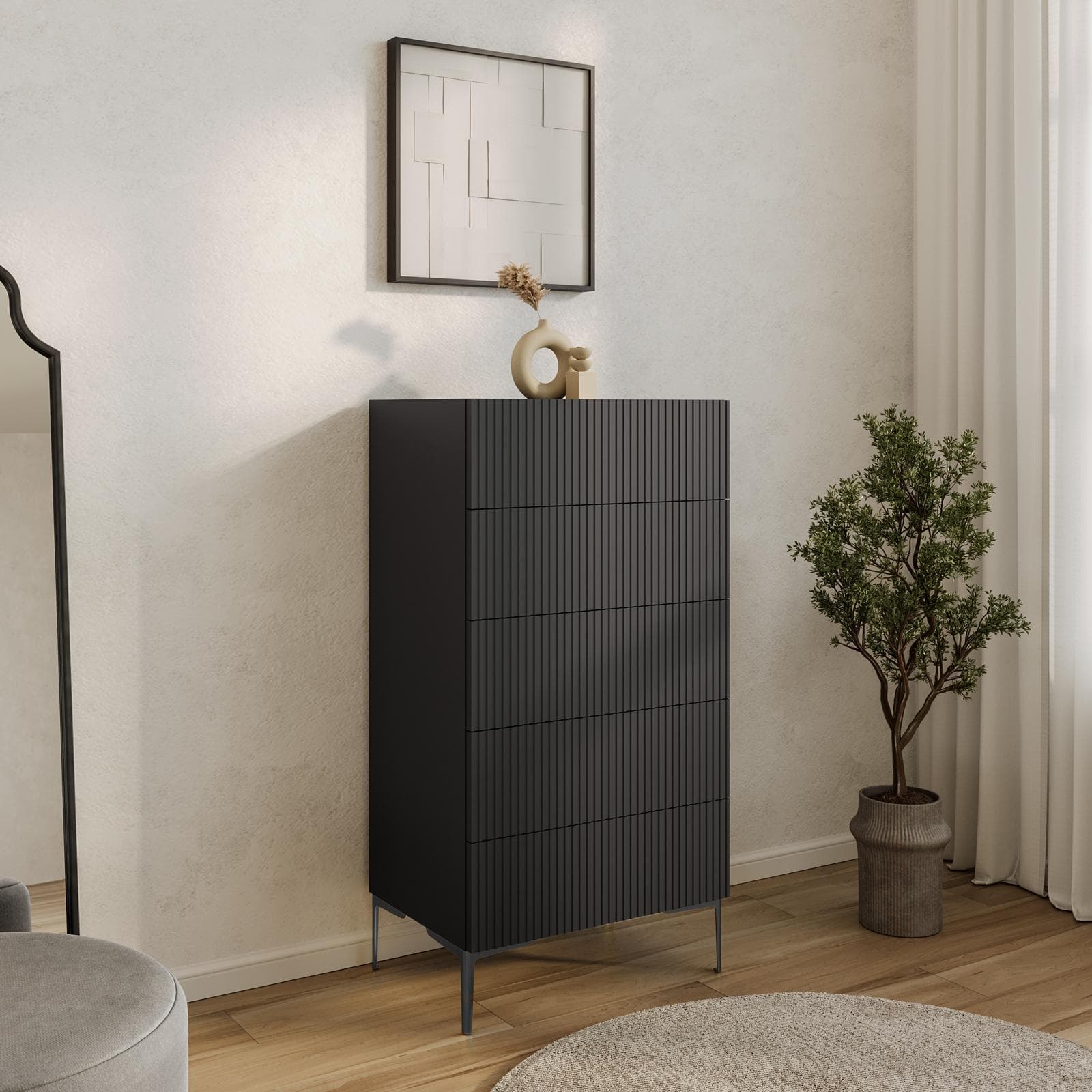Cassettiera 60x115h cm antracite con 5 cassetti soft close canettati e piedi in metallo nero - Judith