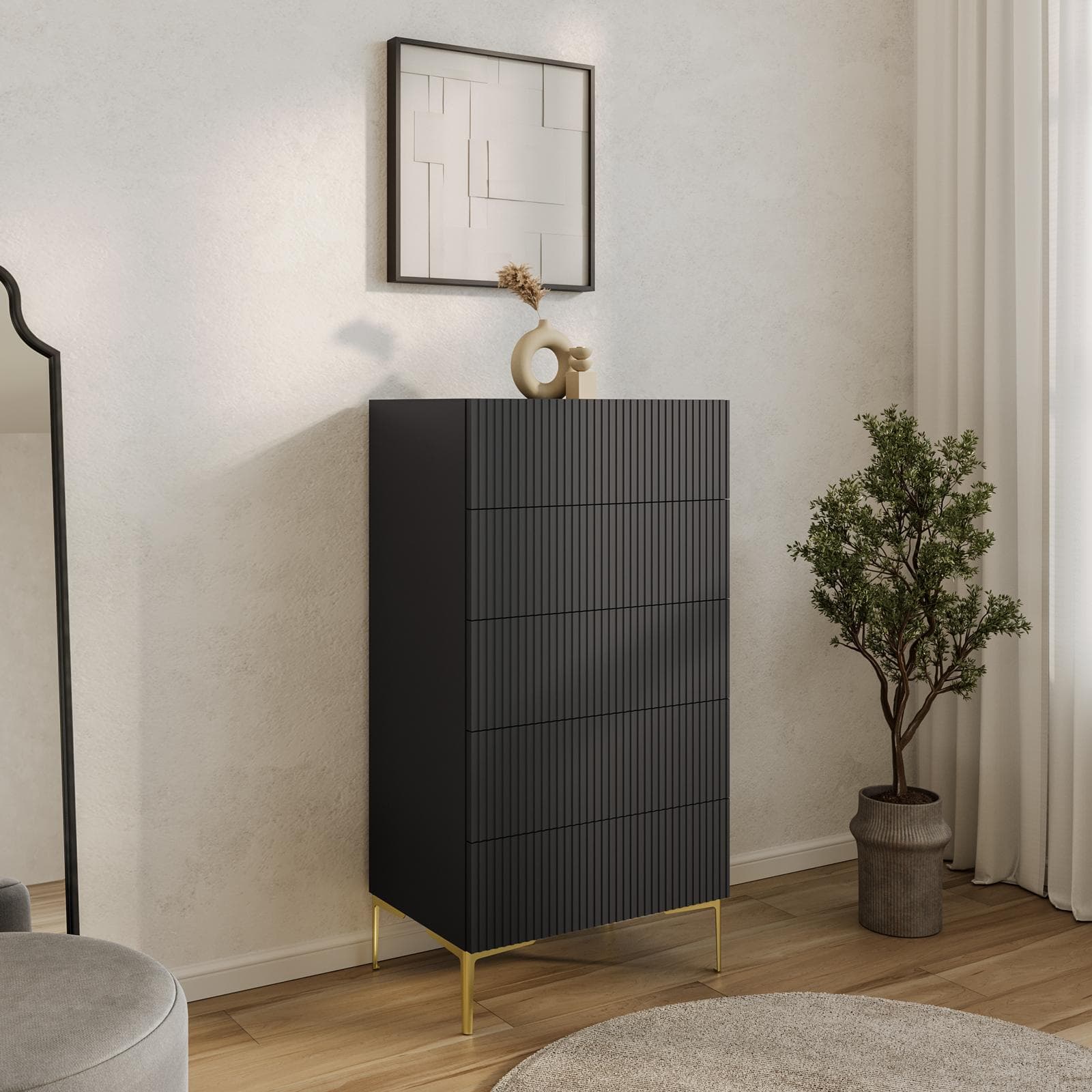 Cassettiera 60x115h cm antracite con 5 cassetti soft close cannettati e piedi in metallo oro - Judith
