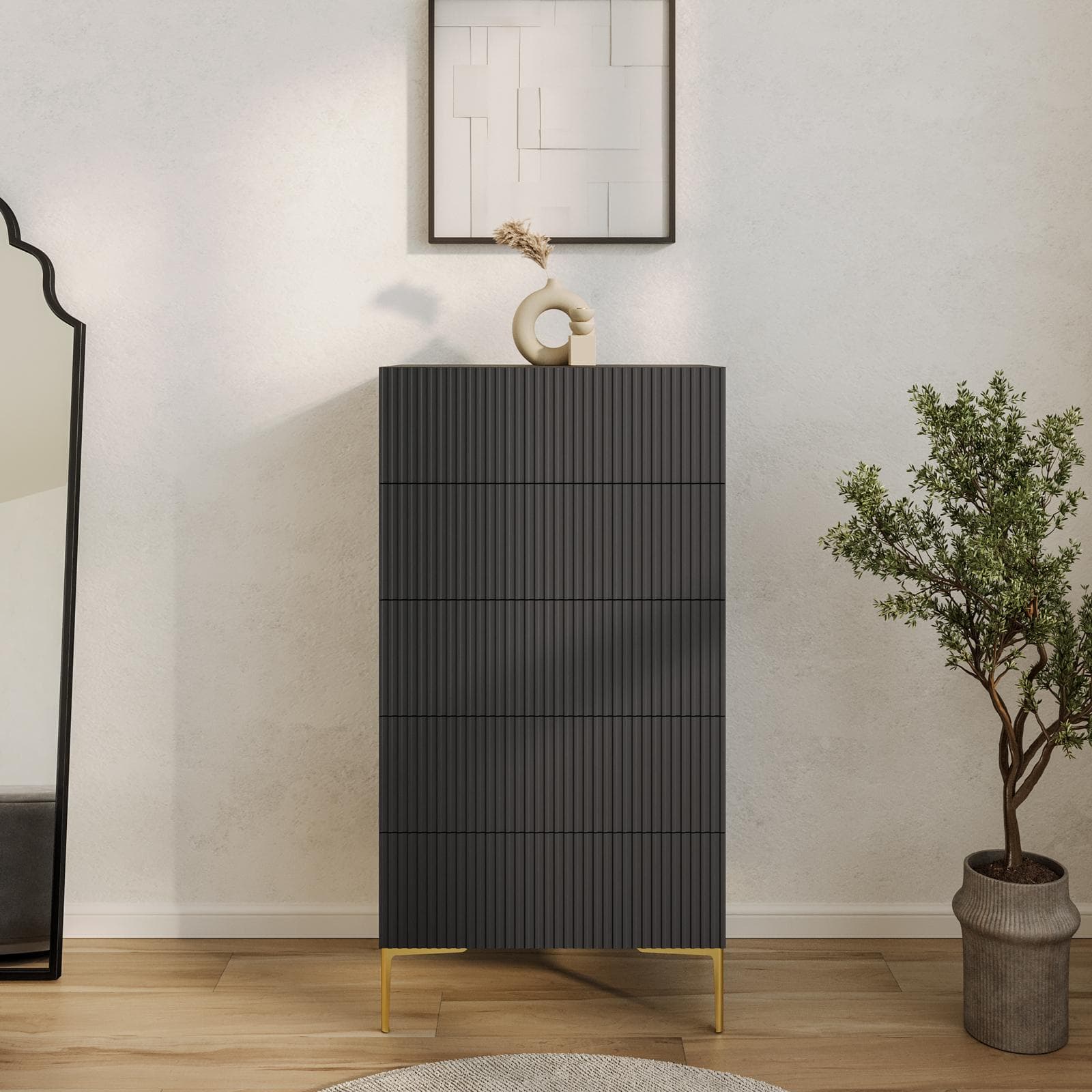 Cassettiera 60x115h cm antracite con 5 cassetti soft close cannettati e piedi in metallo oro - Judith