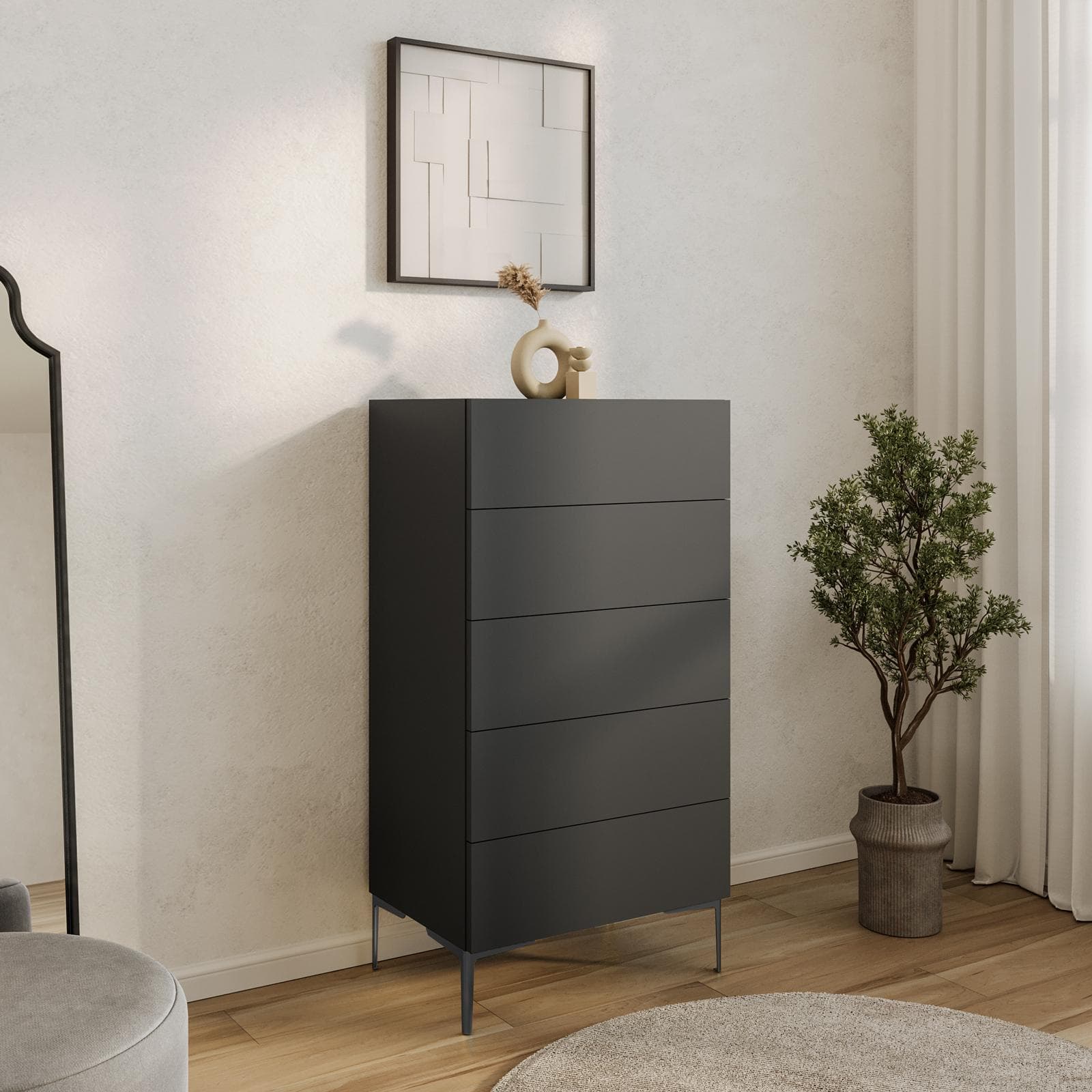 Cassettiera 60x115h cm antracite con 5 cassetti soft close e piedi in metallo nero - Judith