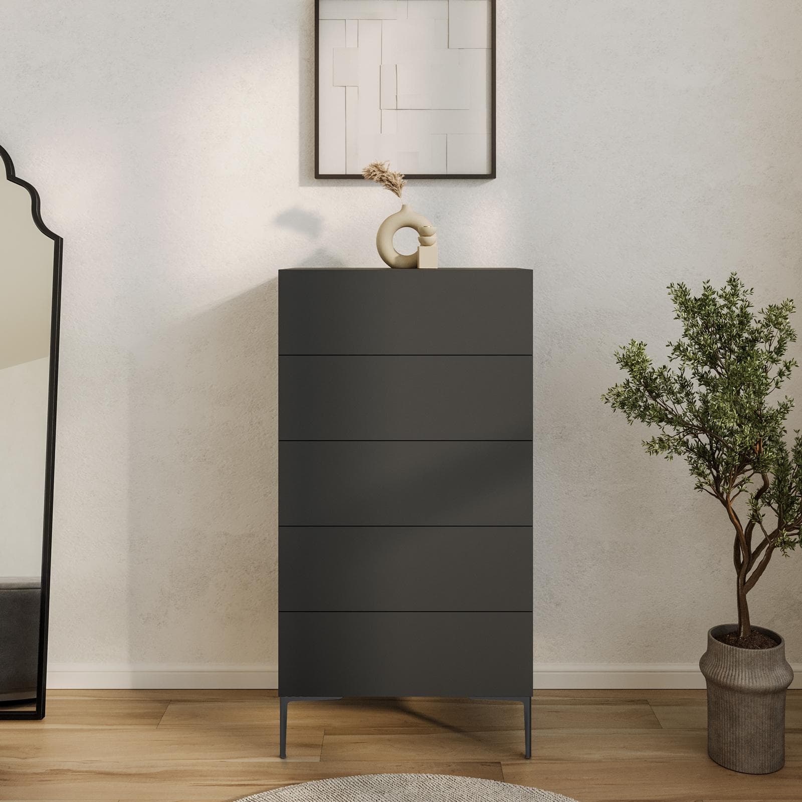 Cassettiera 60x115h cm antracite con 5 cassetti soft close e piedi in metallo nero - Judith