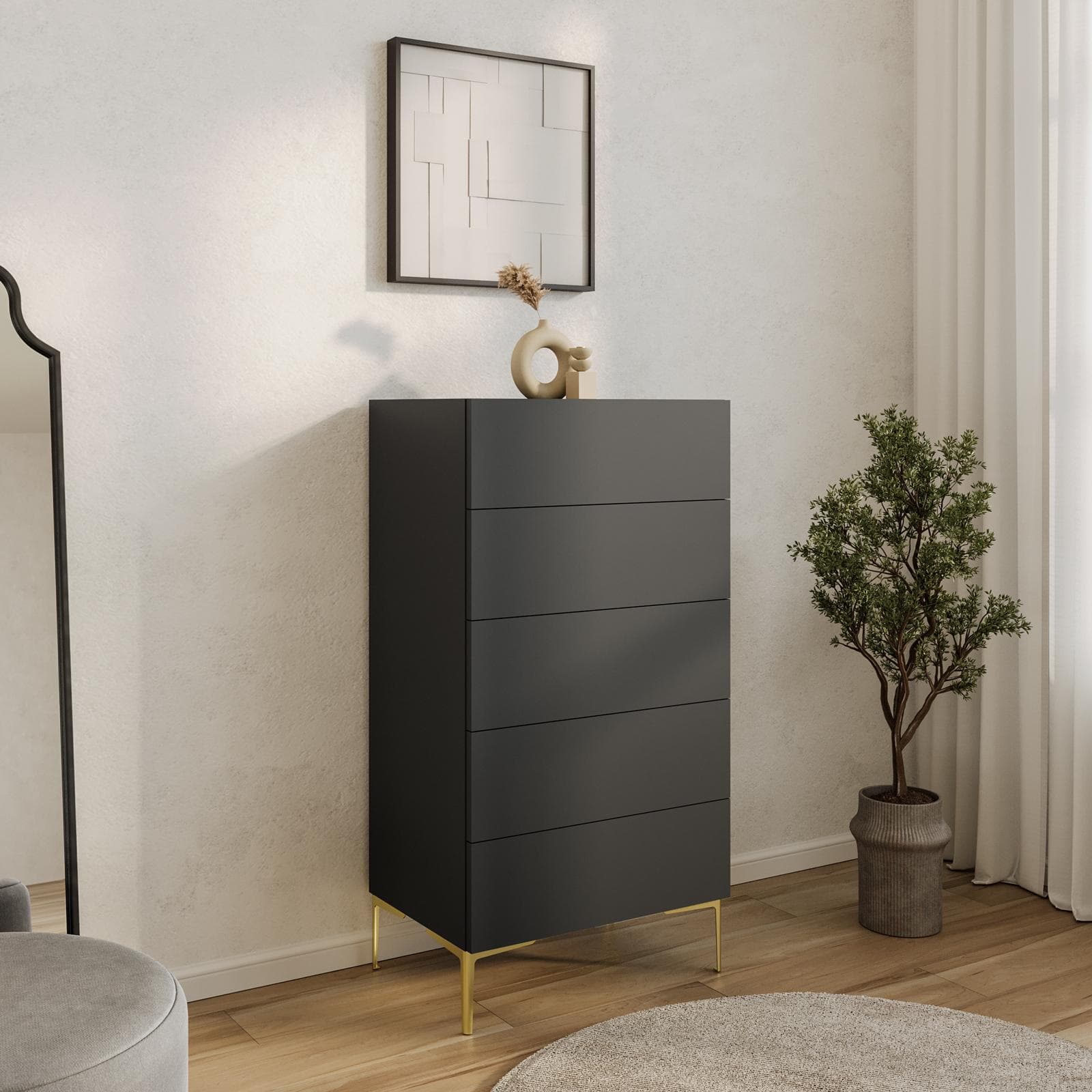 Cassettiera 60x115h cm antracite con 5 cassetti soft close e piedi in metallo oro - Judith